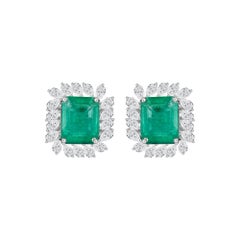 5.68 ct Natural Emerald-Cut Emerald and Diamond Petal Earrings, 18K White Gold