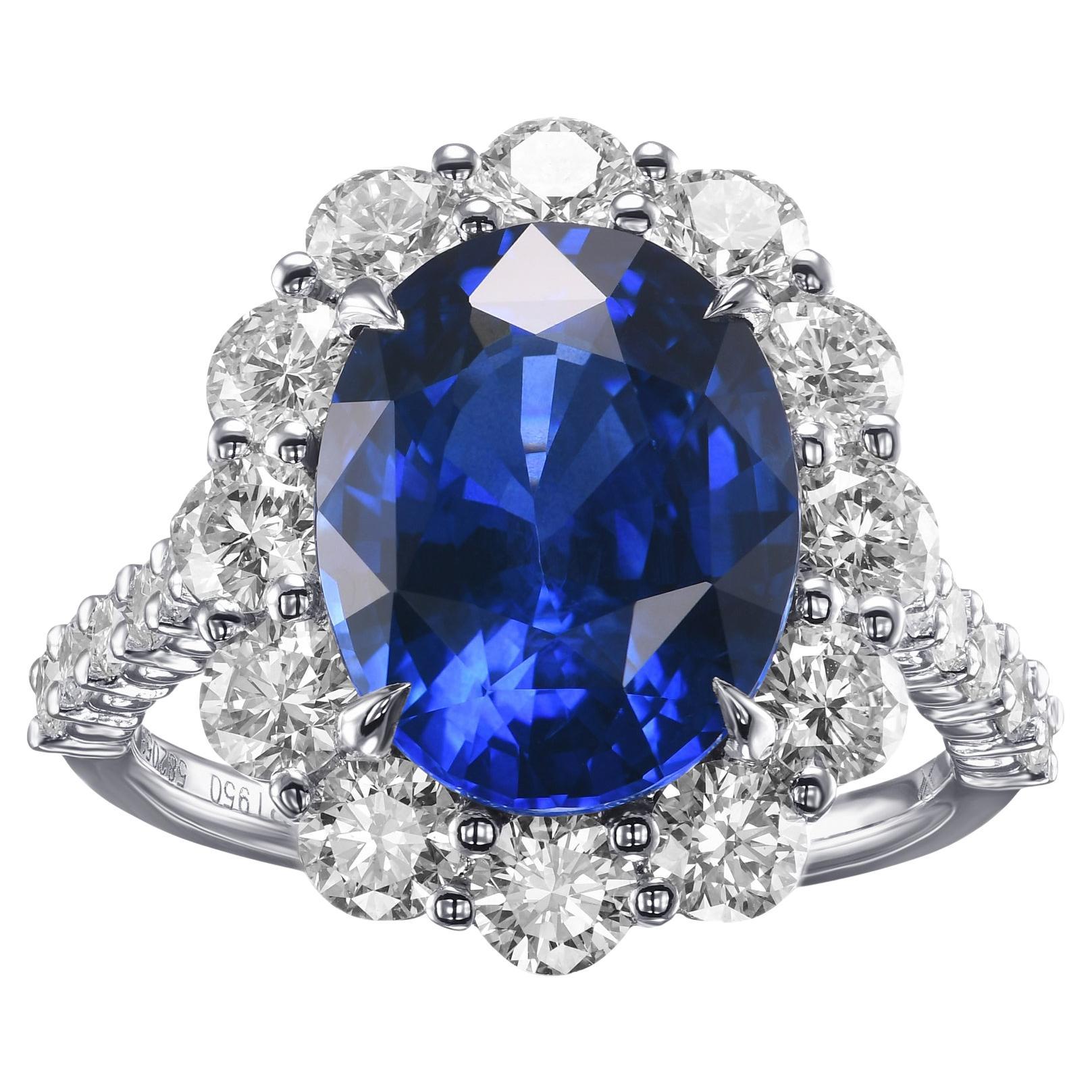 5,68 cts zertifiziert Oval Royal Blue Sapphire und Diamant Halo Ring