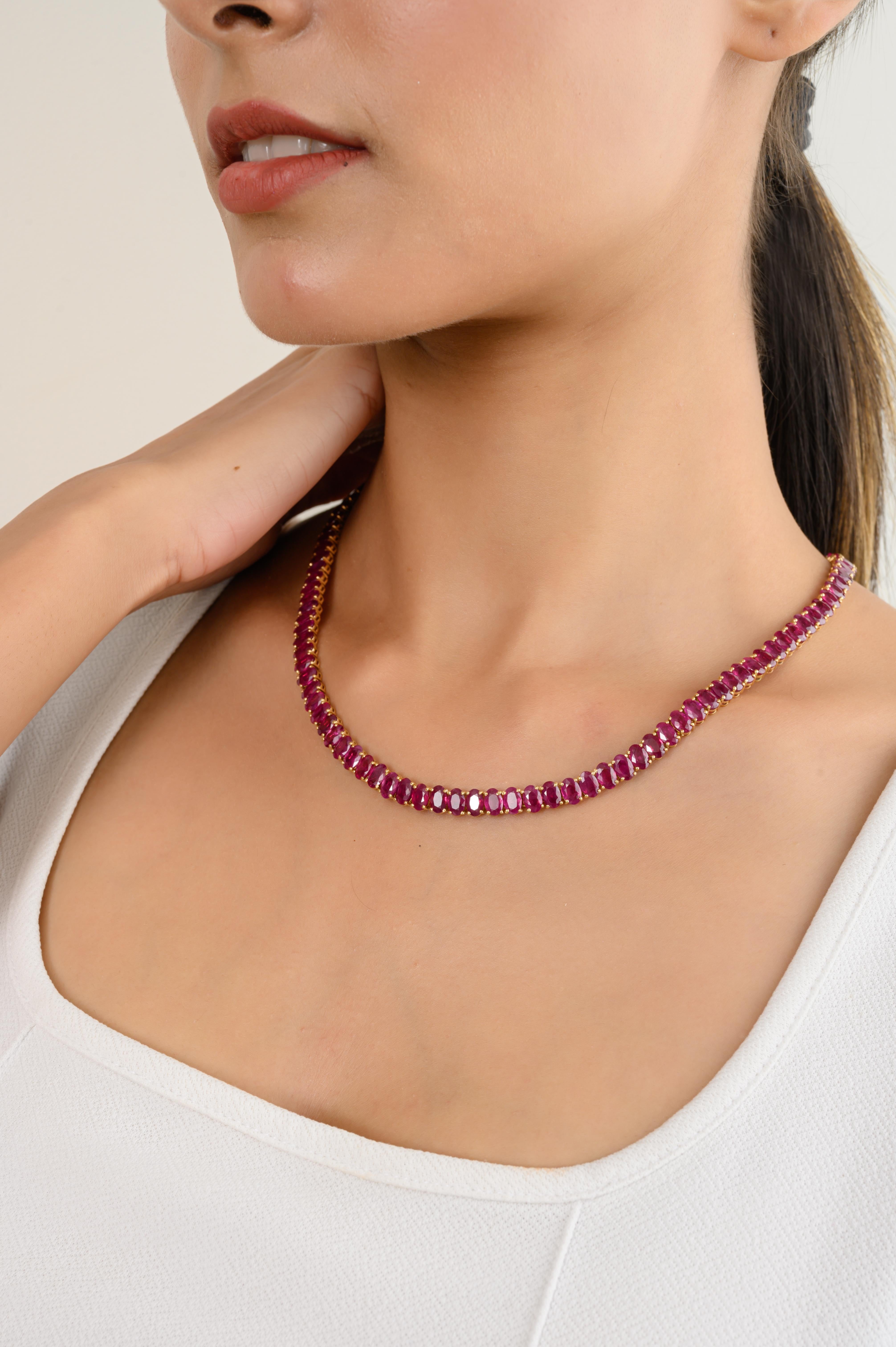 Oval Cut 56.83 Carats Genuine Ruby Tennis Necklace for Wedding in 18k Solid Yellow Gold For Sale