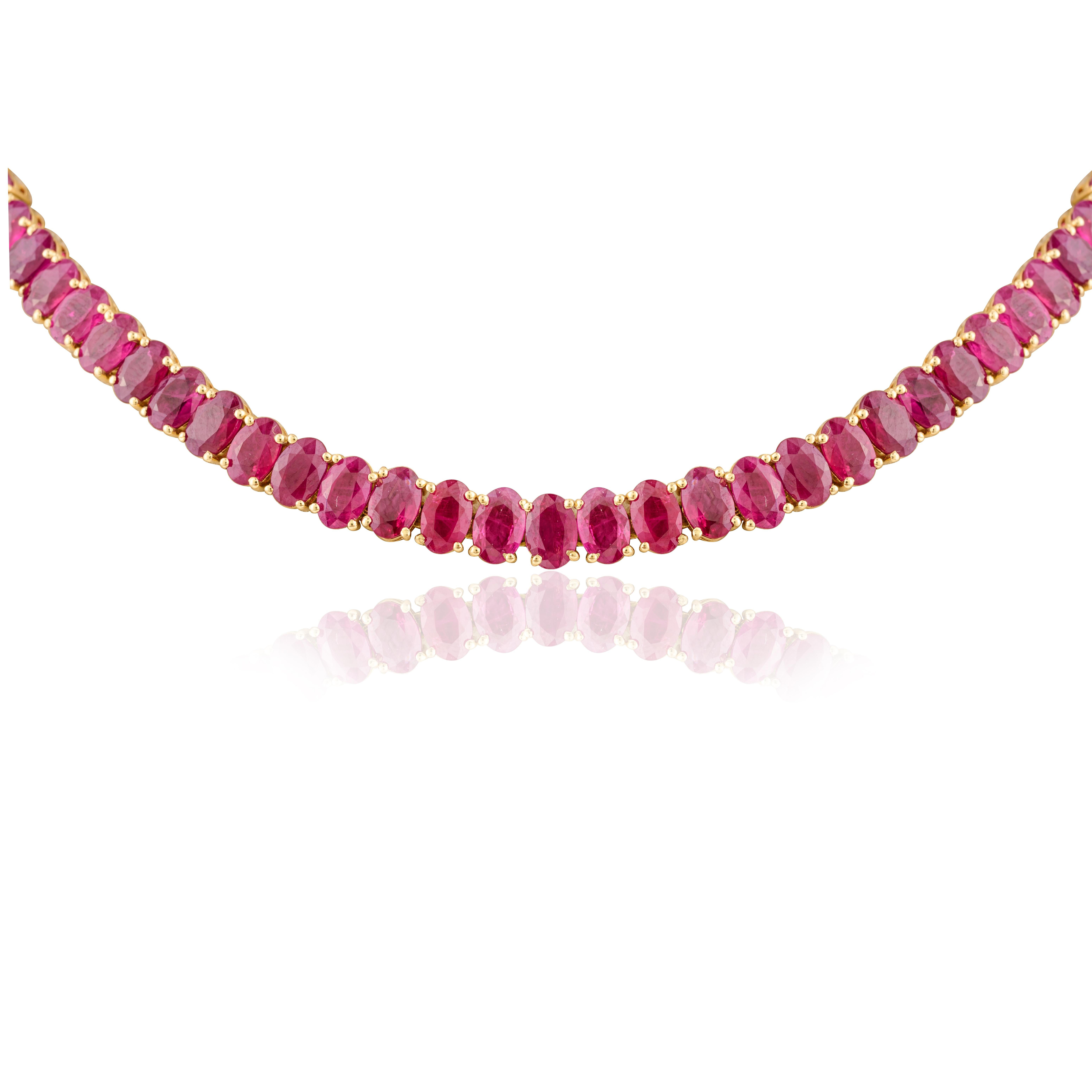 56.83 Carats Genuine Ruby Tennis Necklace for Wedding in 18k Solid Yellow Gold In New Condition For Sale In New York, NY