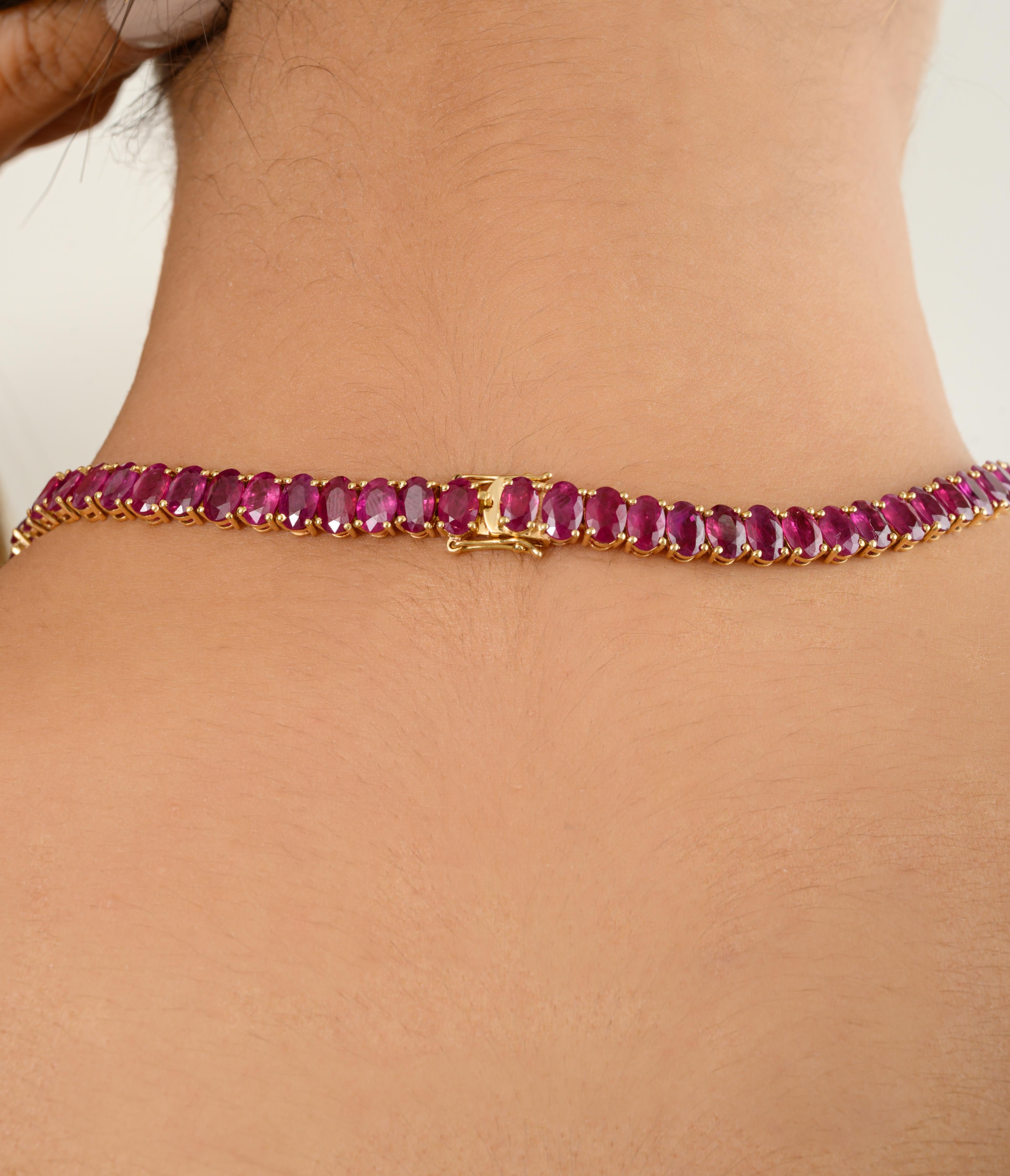 Women's 56.83 Carats Genuine Ruby Tennis Necklace for Wedding in 18k Solid Yellow Gold For Sale