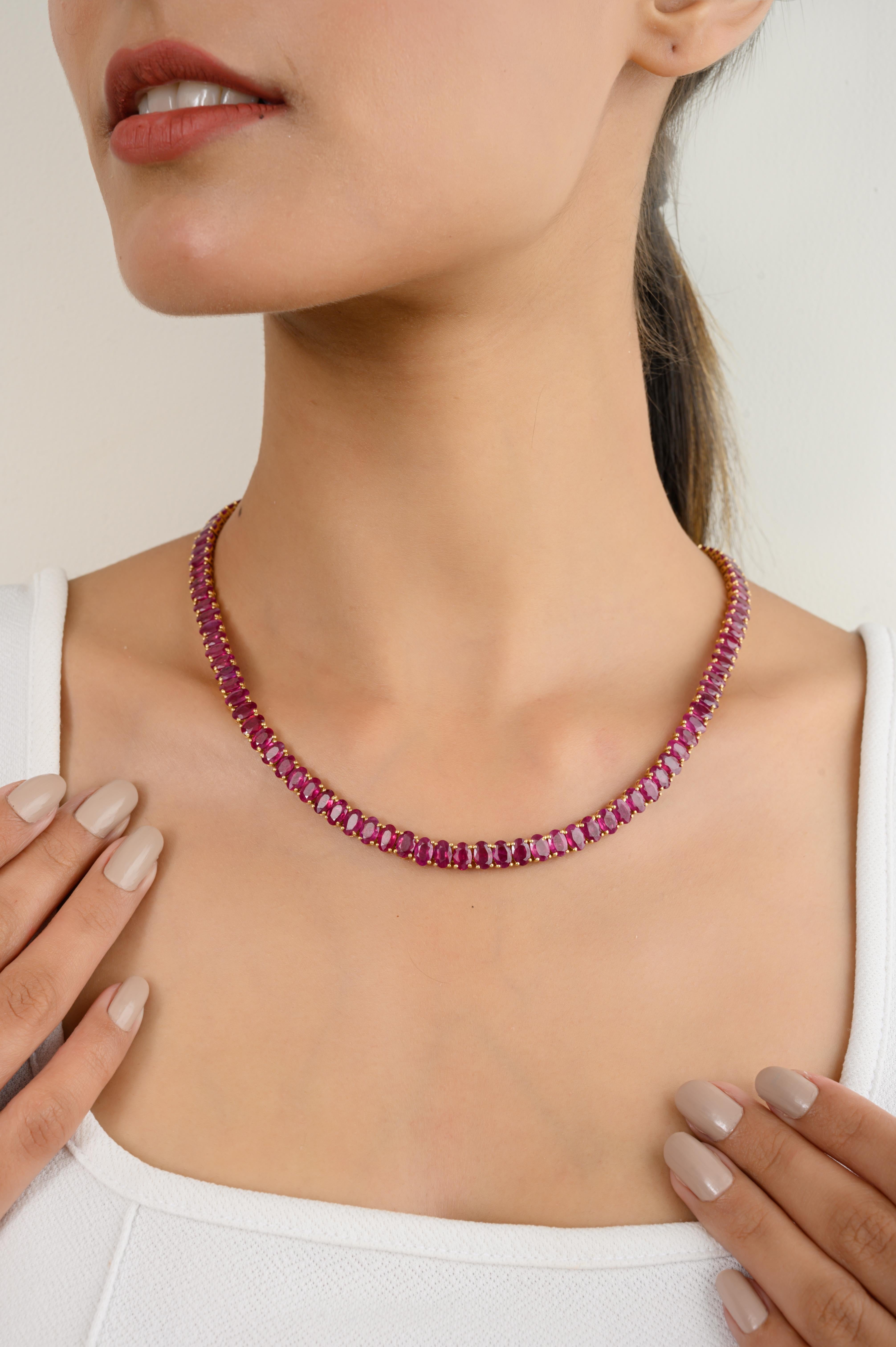 56.83 Carats Genuine Ruby Tennis Necklace for Wedding in 18k Solid Yellow Gold For Sale 2