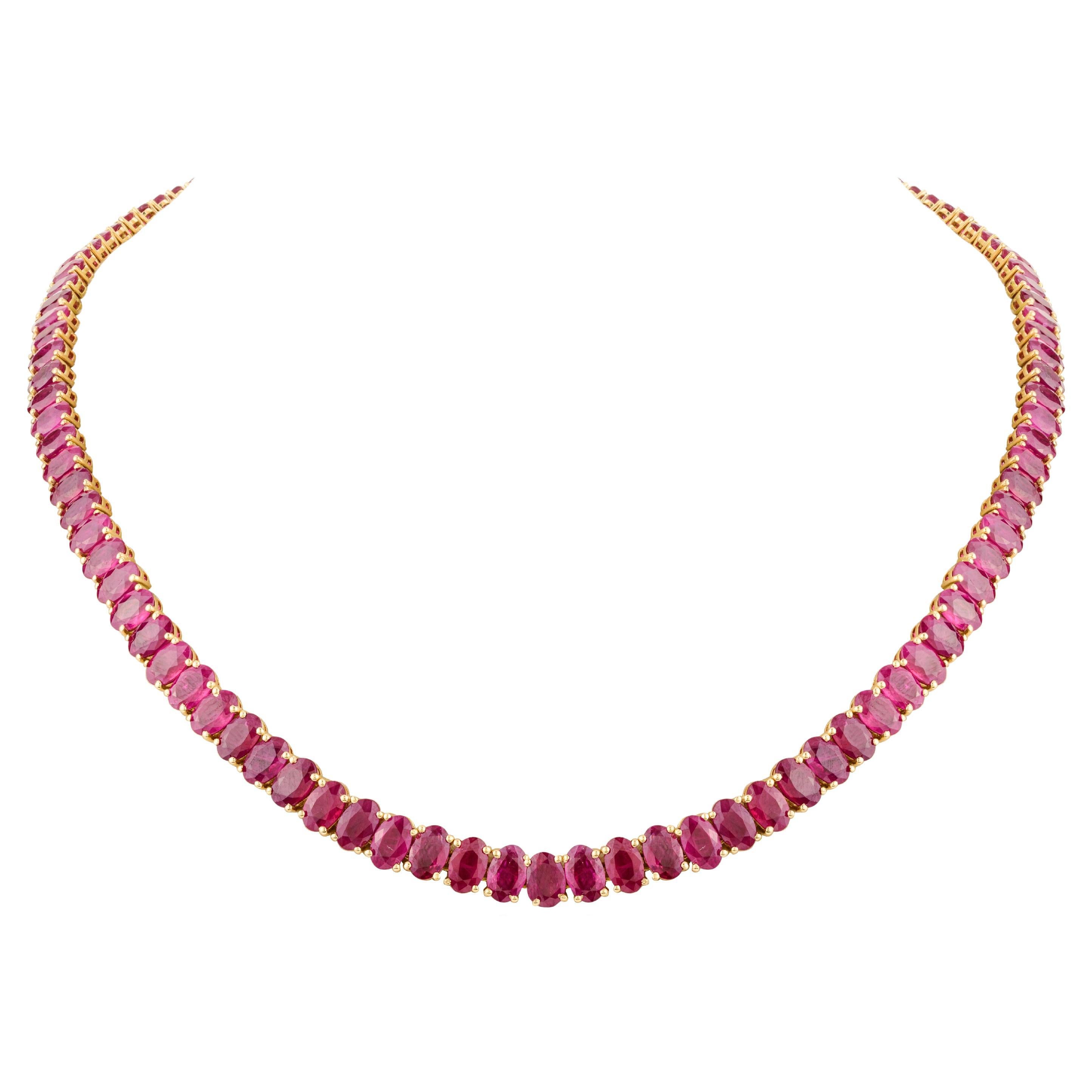 56.83 Carats Genuine Ruby Tennis Necklace for Wedding in 18k Solid Yellow Gold
