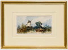 Paul Marni (1829-1914) - Aquarelle encadrée, Un moulin à vent au bord d'un lac