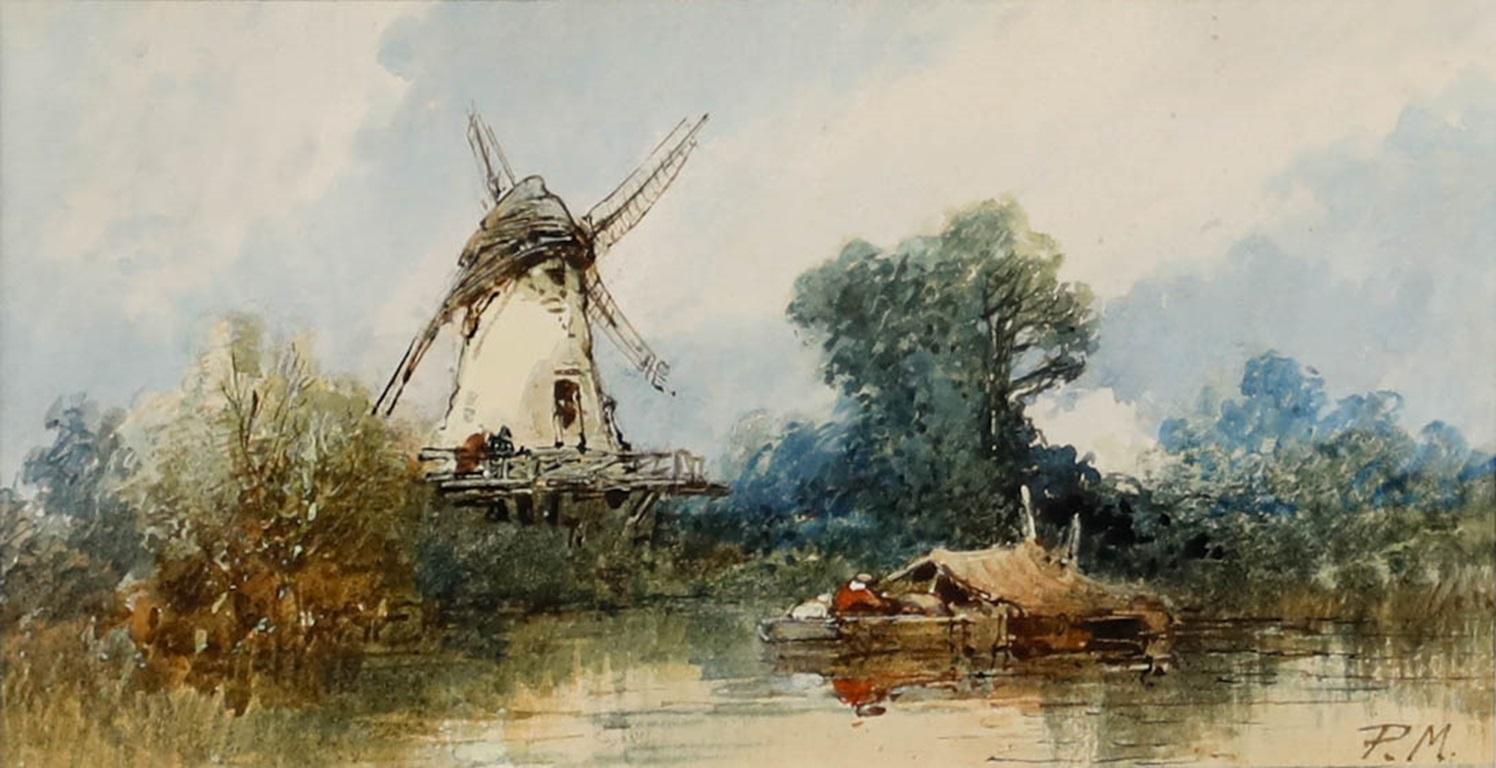 Paul Marny (1829-1914) - Framed Watercolour, A Lakeside Windmill For Sale 1