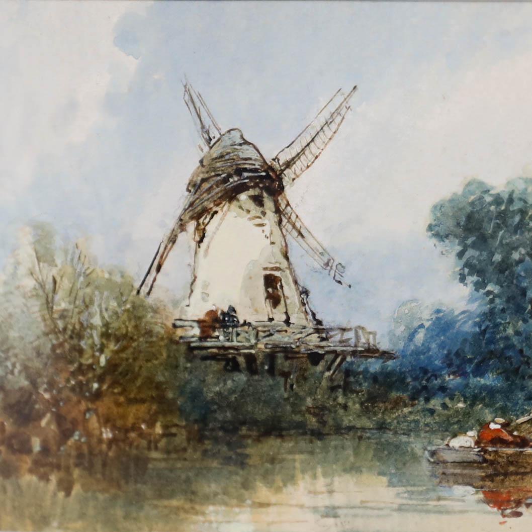 Paul Marny (1829-1914) - Framed Watercolour, A Lakeside Windmill For Sale 3