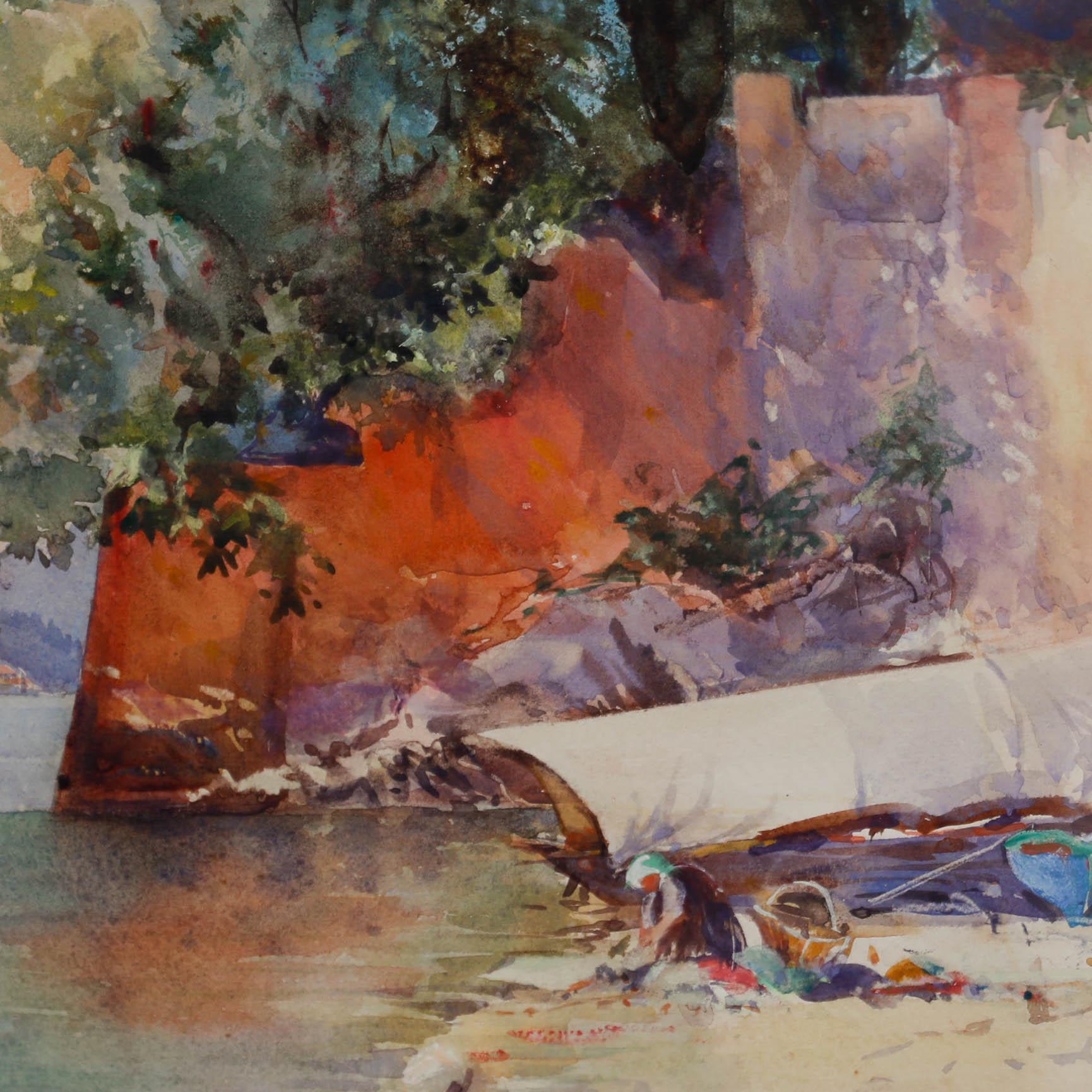 Varenna fisherman tending to their boats on Como's lake shore. Well presented in a beautiful oak frame. Signed to the lower right and labelled to the reverse. On watercolour.