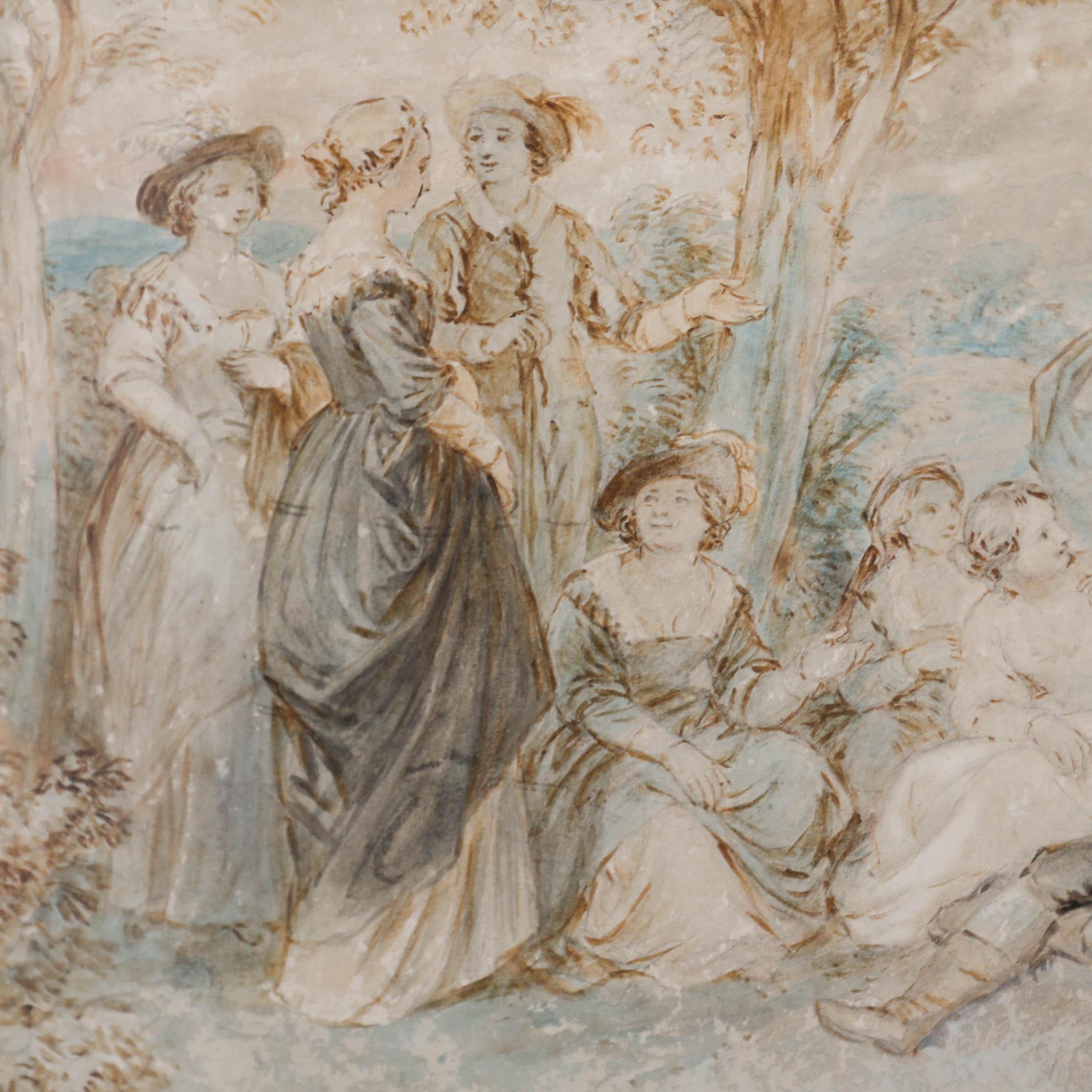 A charming watercolor scene depicting figures in a summer field. Unsigned. Well presented in a gilt frame and wash line mount. On paper.