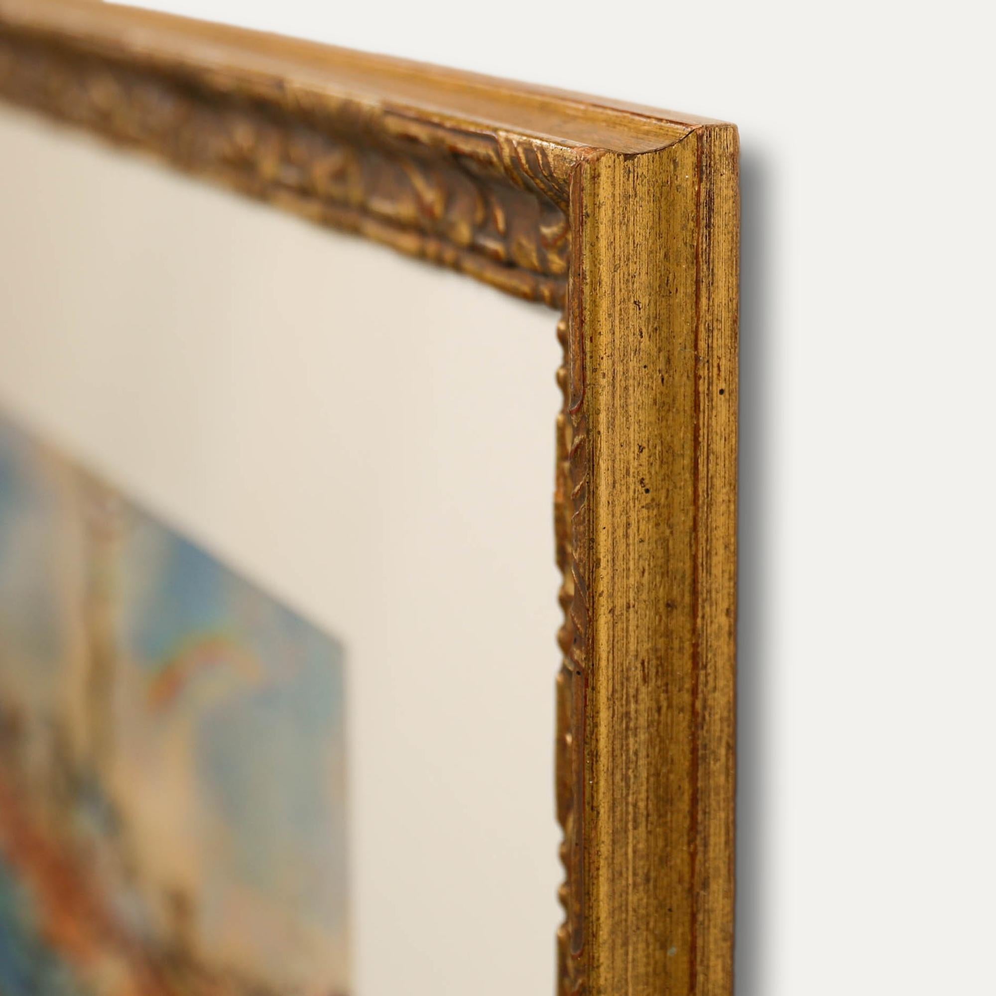 A charming scene depicting the story of Noah's Ark. Illegibly signed in the lower right. Presented in a gilt frame with foliate c-scrolling. On paper.