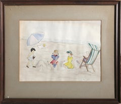 Children on Beach, Modern Watercolor on Paper by Pearl Finkel
