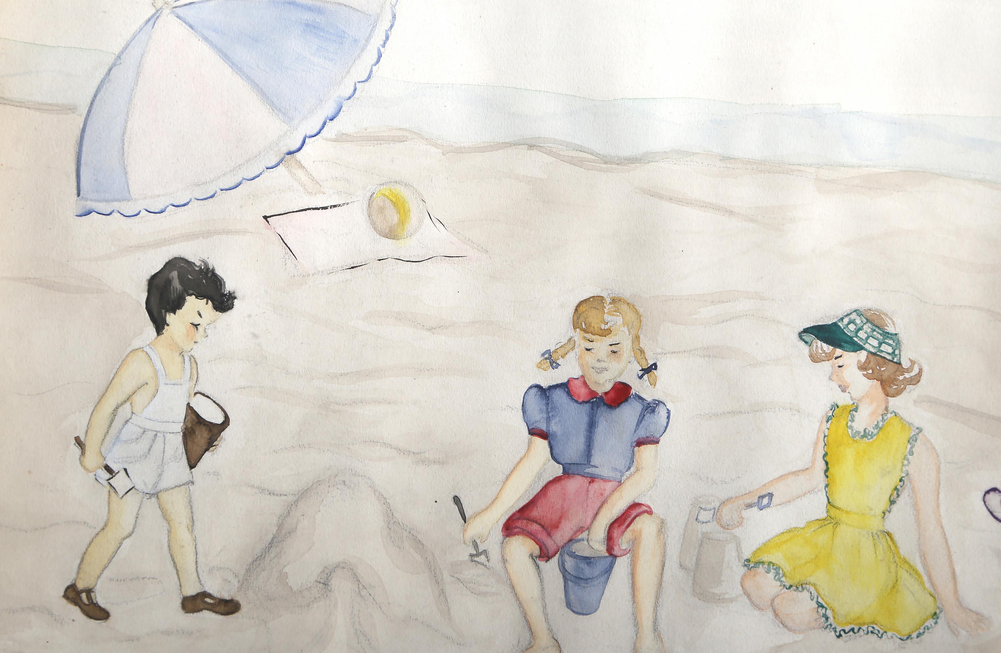 Children on Beach, Modern Watercolor on Paper by Pearl Finkel For Sale 1