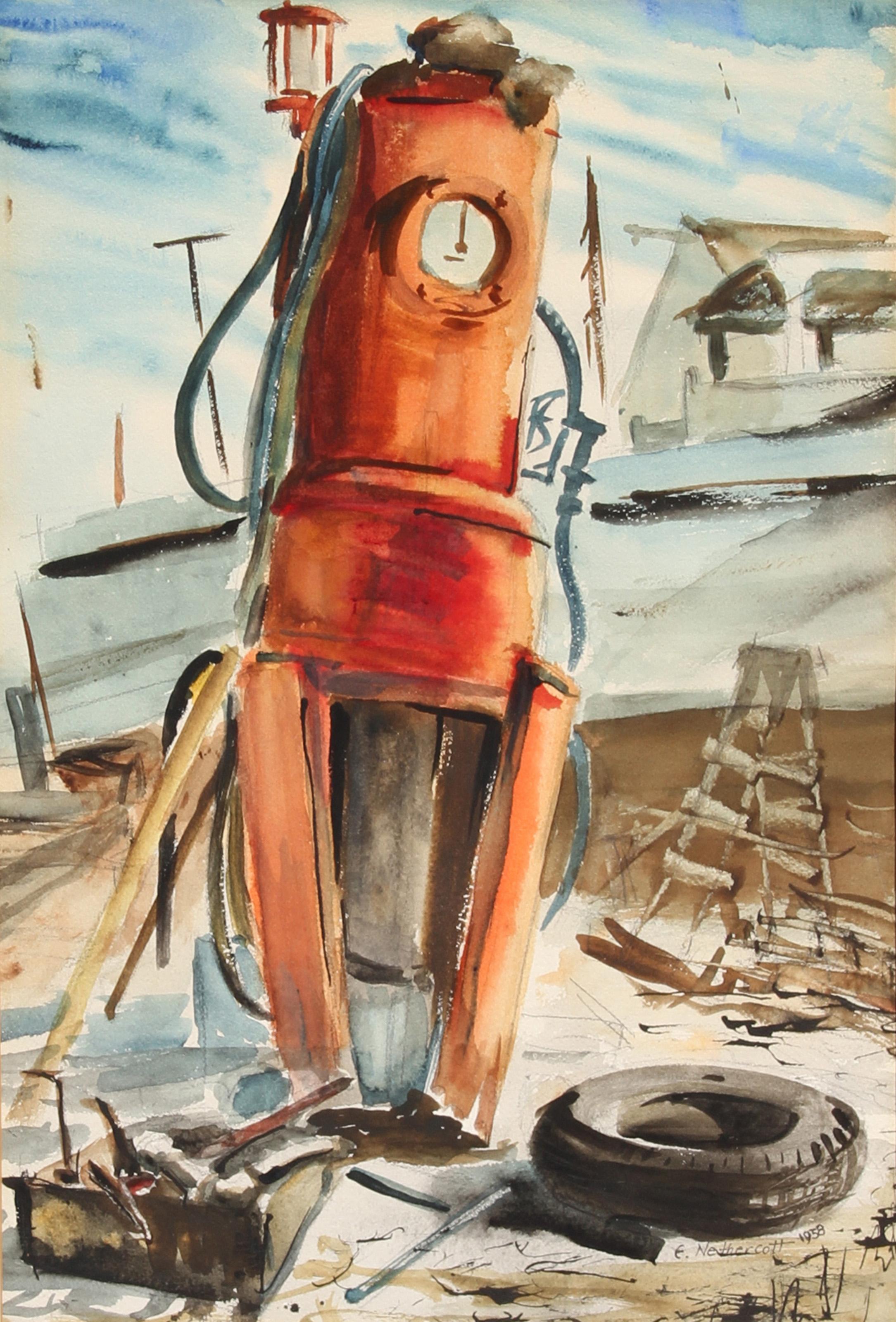  Eve Nethercott, estadounidense (1925 - 2015) -  Bomba de gasolina, Año:  1958, Medio:  Acuarela, Tamaño:  58,42 cm x 40,64 cm, Descripción:  La mano ligera y el ojo agudo de Eve Nethercott le permiten producir obras vibrantes como ésta, que