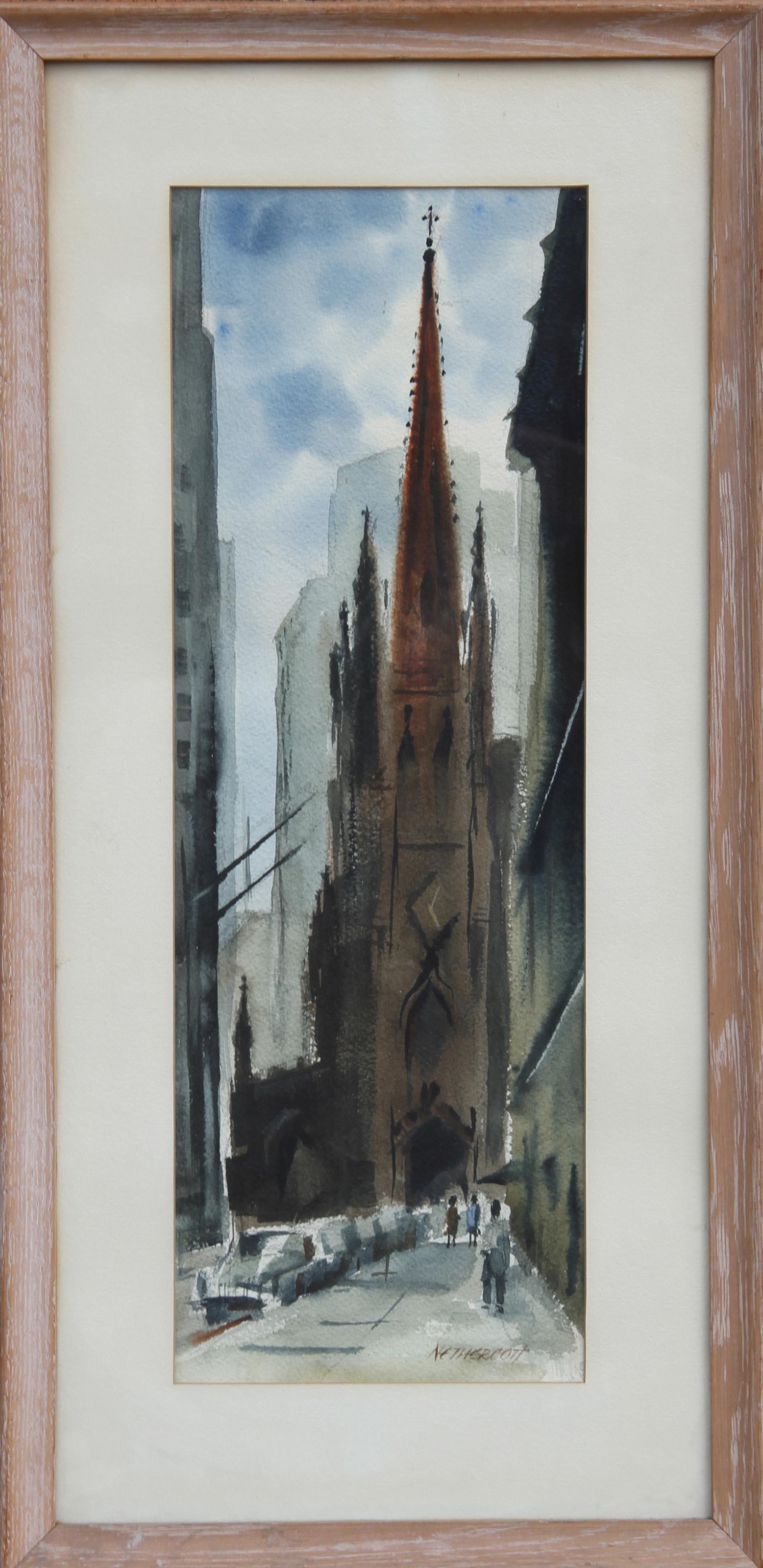  Eve Nethercott, American (1925 - 2015) -  City Church, Year:  circa 1960, Medium:  Watercolor, Size:  21 in. x 7 in. (53.34 cm x 17.78 cm), Description:  Looking down the street, Eve Nethercott's watercolor depicts the famous Gothic Revival Trinity