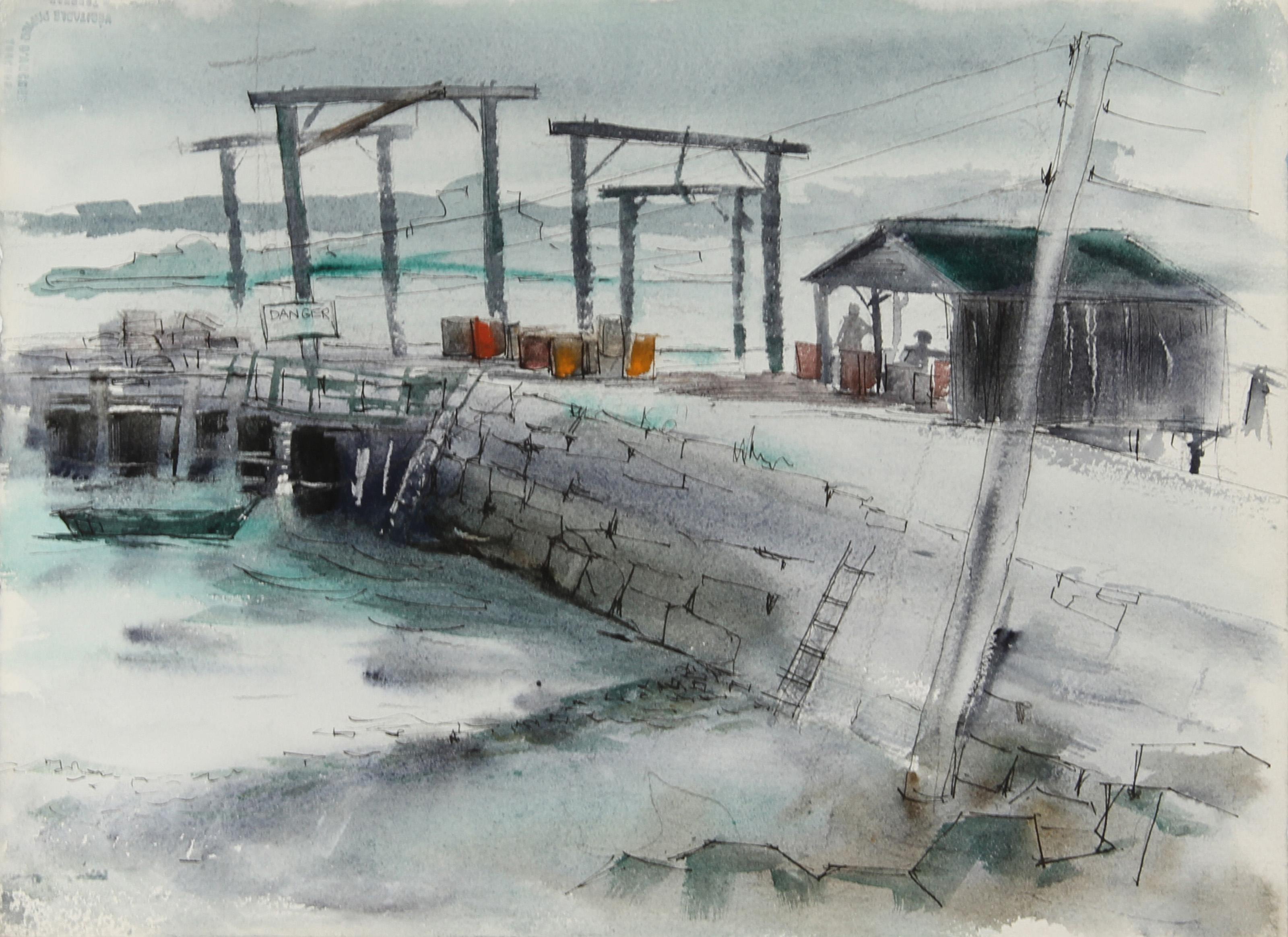  Eve Nethercott, Amerikanerin (1925 - 2015) -  Maine Dock und Haus (37), Jahr:  1959, Medium:  Doppelseitiges Aquarell, Größe:  11 in. x 15 in. (27,94 cm x 38,1 cm), Beschreibung:  Dieses doppelseitige Aquarell ist ein einzigartiges Beispiel für die