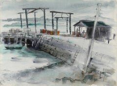 Dock and House aus Maine, impressionistisches Aquarell von Eve Nethercott