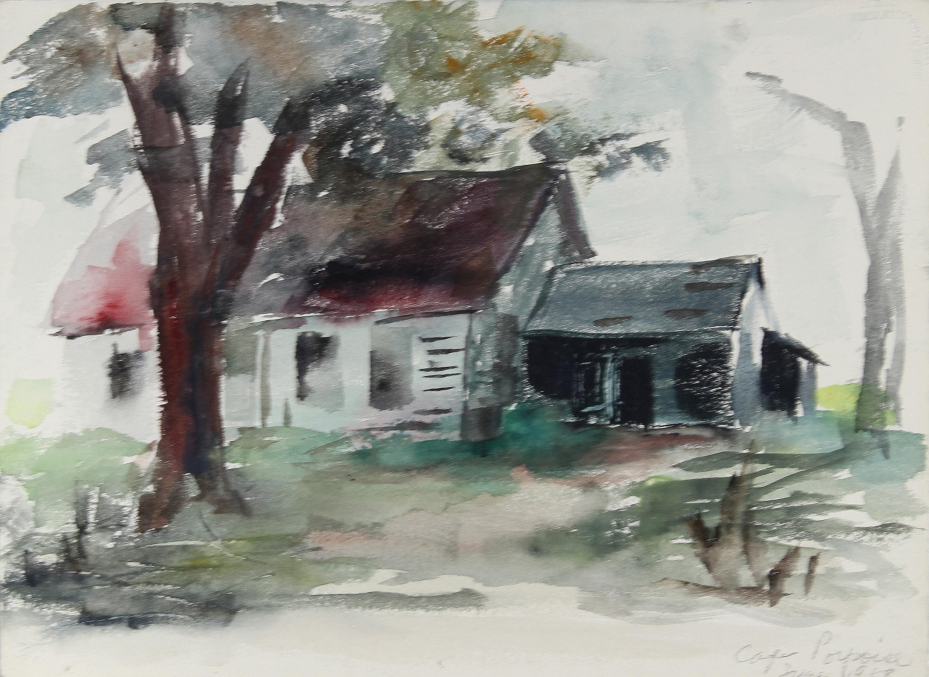 Dock and House aus Maine, impressionistisches Aquarell von Eve Nethercott im Angebot 1