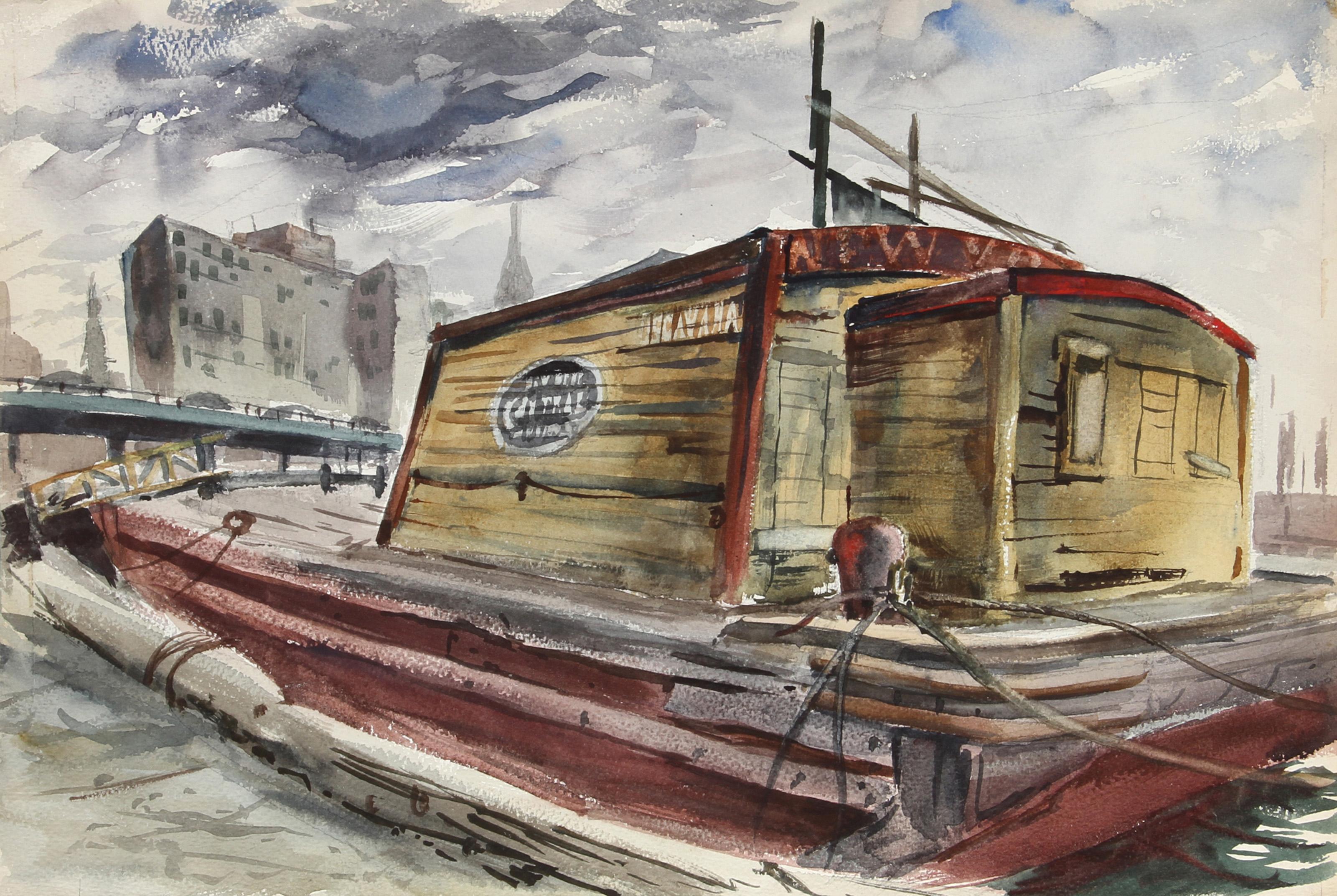  Eve Nethercott, estadounidense (1925 - 2015) -  Frente al mar (47), Año:  1959, Medio:  Acuarela, Tamaño:  38,1 cm x 55,88 cm, Descripción:  Vista en diagonal, la barcaza de madera amarilla con adornos pintados de rojo lleva un letrero ilegible en