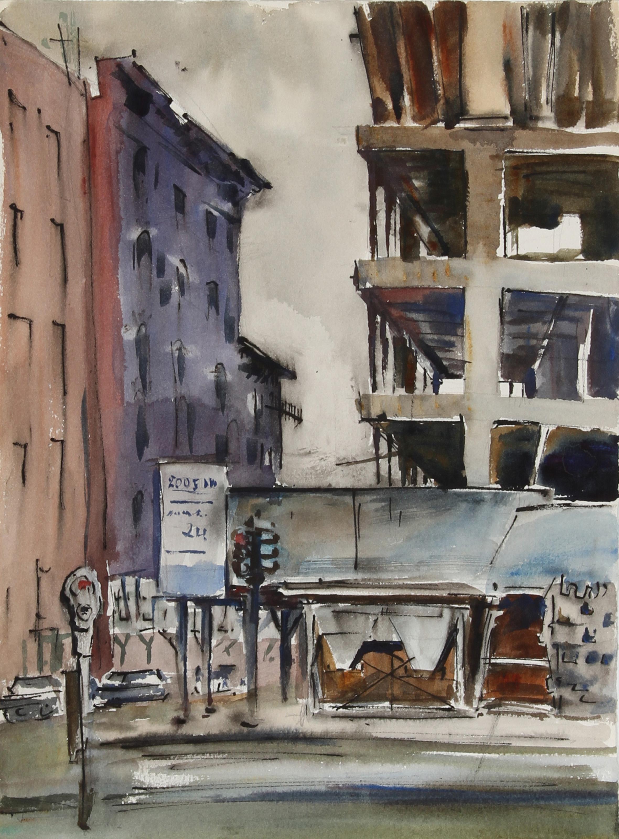  Eve Nethercott, estadounidense (1925 - 2015) -  Calle de la ciudad (49), Año:  hacia 1959, Medio:  Acuarela, Tamaño:  38,1 cm x 27,94 cm, Descripción:  Una acuarela única sobre papel de la artista impresionista estadounidense Eve Nethercott.