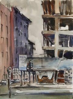 Calle de la ciudad, acuarela impresionista de Eve Nethercott