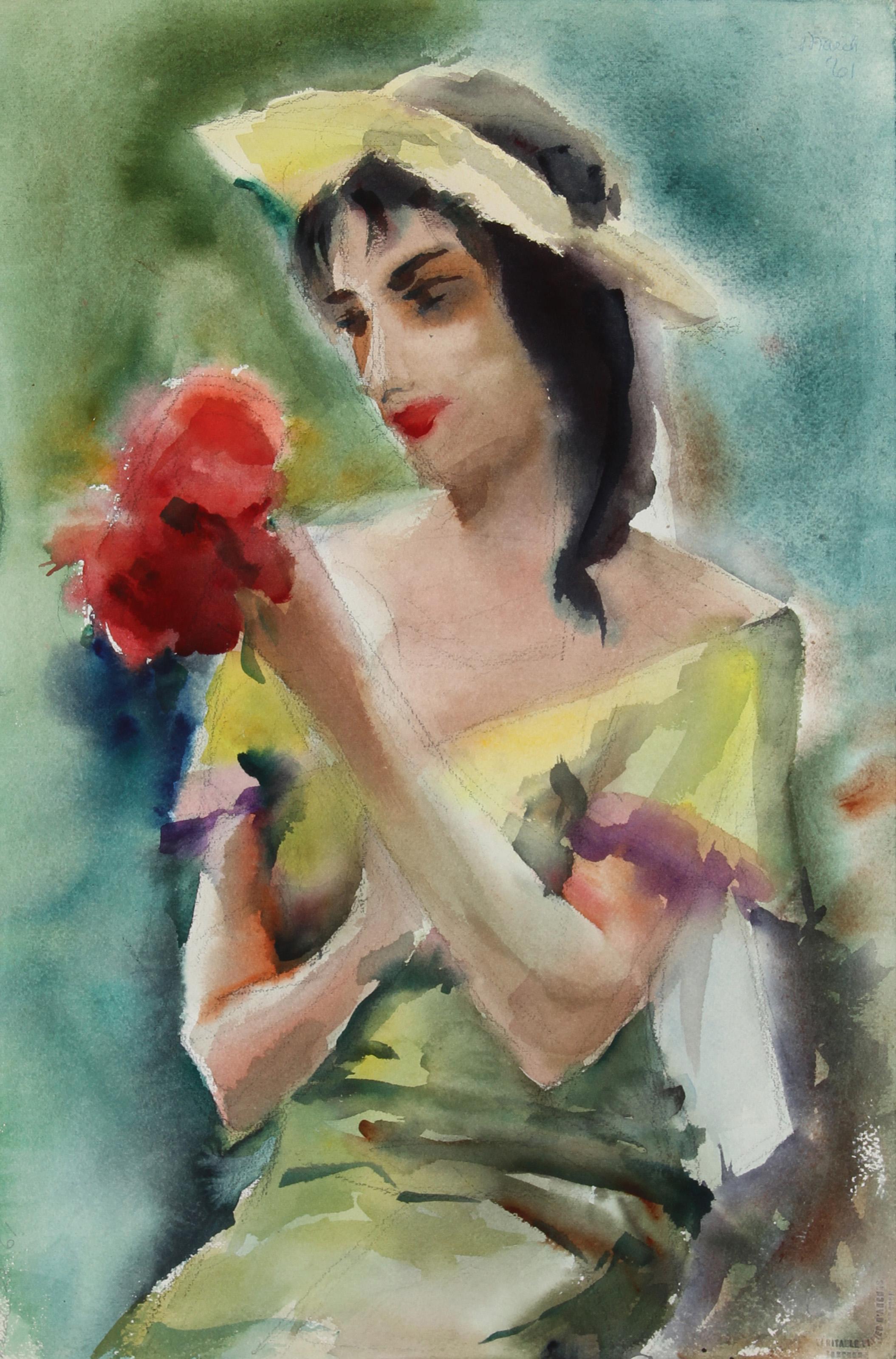  Eve Nethercott, Américaine (1925 - 2015) -  Fille avec bouquet (54), année :  1961, Medium :  Aquarelle, Taille :  22 in. x 15 in. (55.88 cm x 38.1 cm), Description :  Portant un élégant ensemble de citron vert vif avec un chapeau assorti, la brune