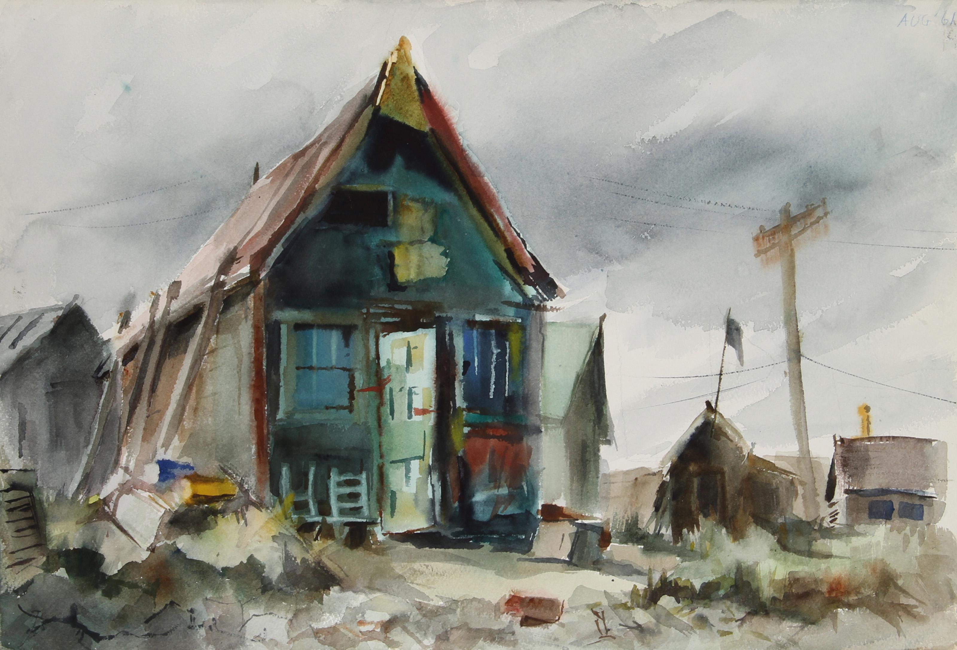  Eve Nethercott, estadounidense (1925 - 2015) -  Casa (55), Año:  1961, Medio:  Acuarela, Tamaño:  38,1 cm x 55,88 cm, Descripción:  La casa de esta acuarela de Eve Nethercott, representada en tonos apagados de marrón y gris con toques azules,