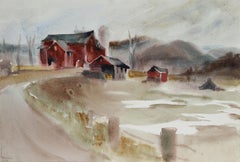Großer roter Scheun, impressionistisches Aquarell von Eve Nethercott