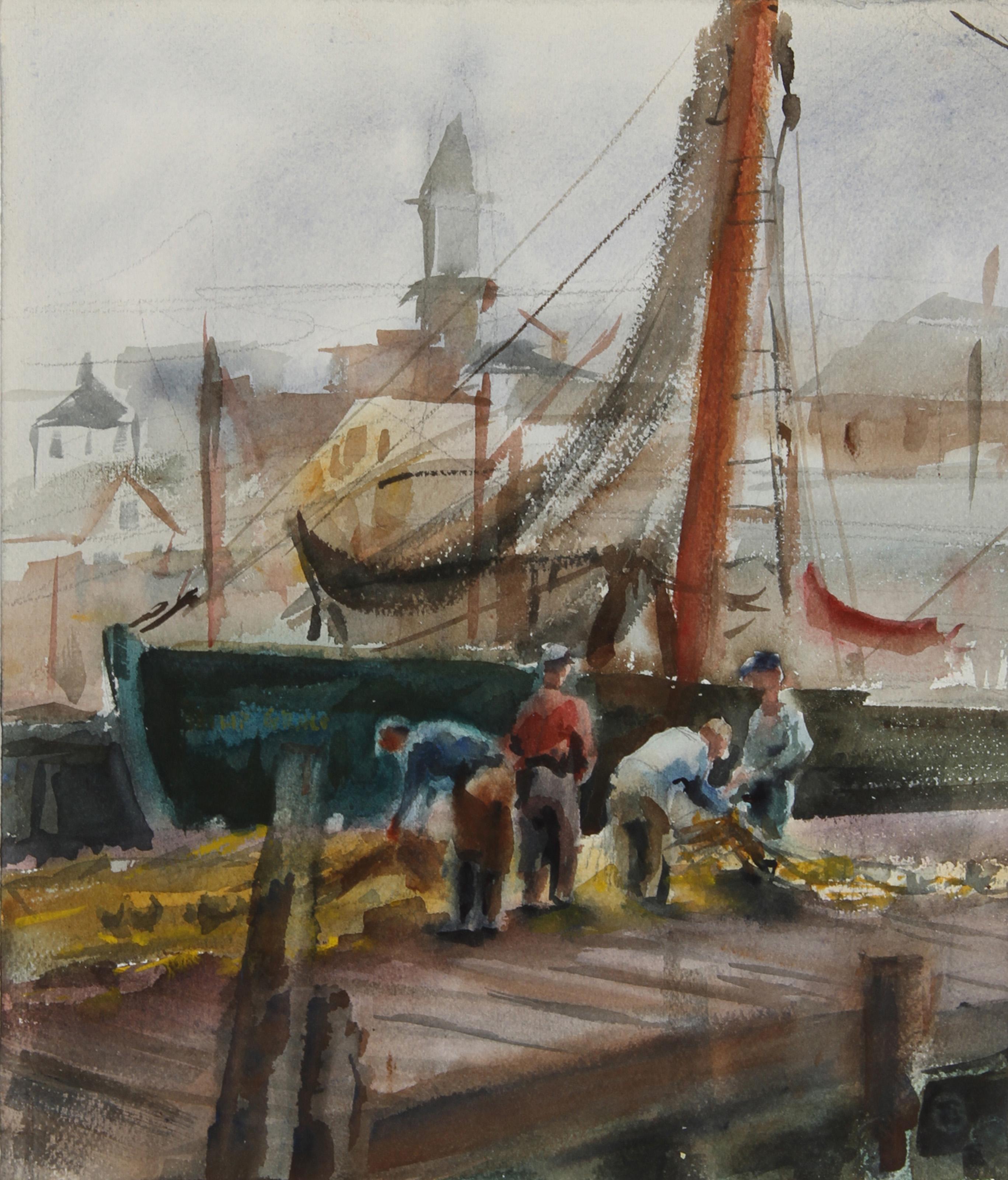  Eve Nethercott, estadounidense (1925 - 2015) -  Pescadores de Maine (39), Año:  1961, Medio:  Acuarela, Tamaño:  36,83 cm x 30,48 cm, Descripción:  Disponiendo sus redes de pesca amarillas, los pescadores de esta acuarela de Eve Nethercott están