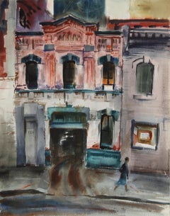 Garaje urbano y granero rojo, acuarela impresionista de Eve Nethercott