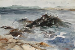 Gabbiani sulle rocce, acquerello impressionista di Eve Nethercott