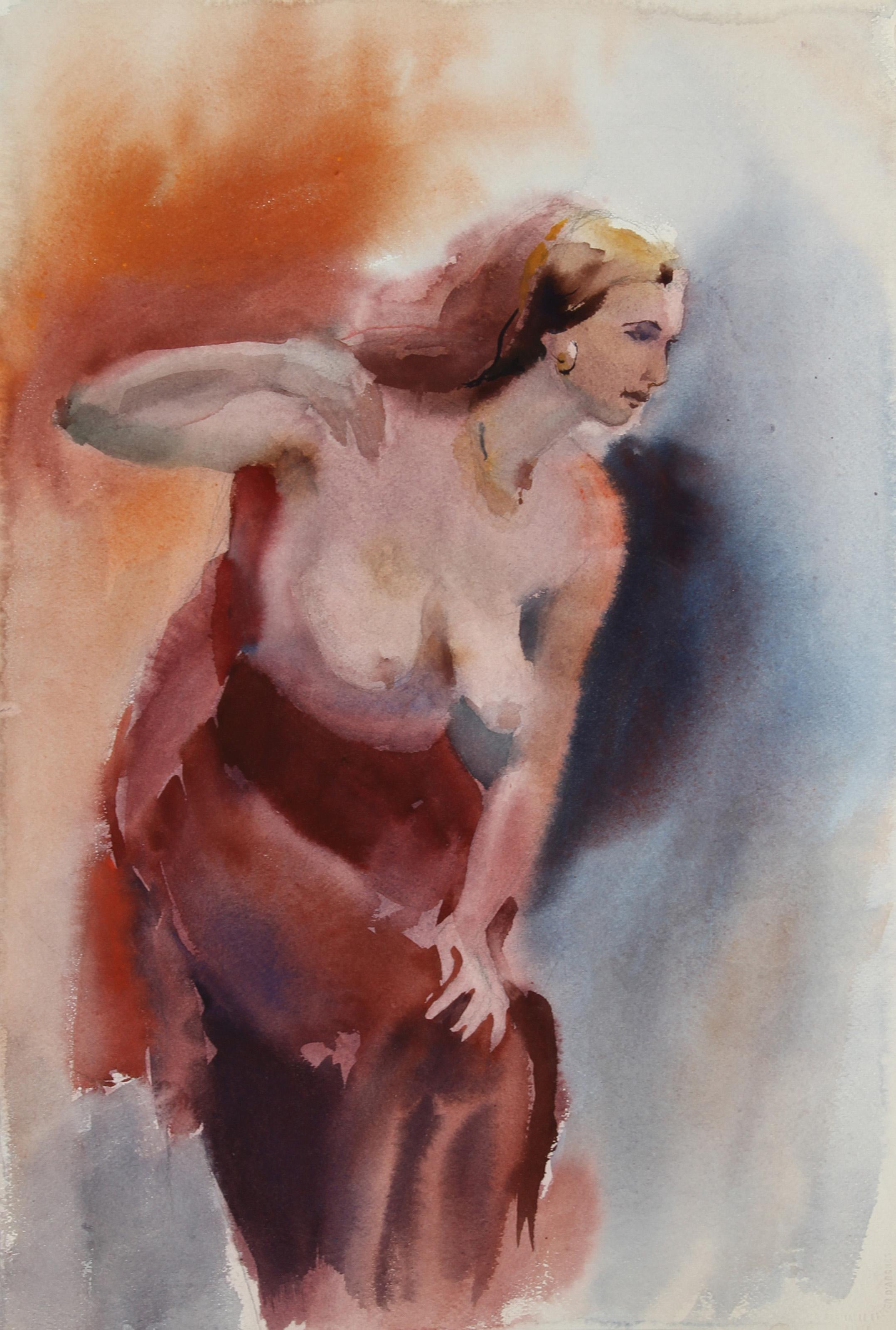  Eve Nethercott, Amerikanerin (1925 - 2015) -  Posierende Nackte (62), Jahr:  ca. 1960, Medium:  Aquarell, Größe:  22 in. x 15 in. (55.88 cm x 38.1 cm), Beschreibung:  Eve Nethercotts Aquarell einer Frau mit rotem Haar ist voller Energie und