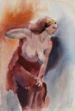 Posing Nude, impressionistisches Aquarell von Eve Nethercott