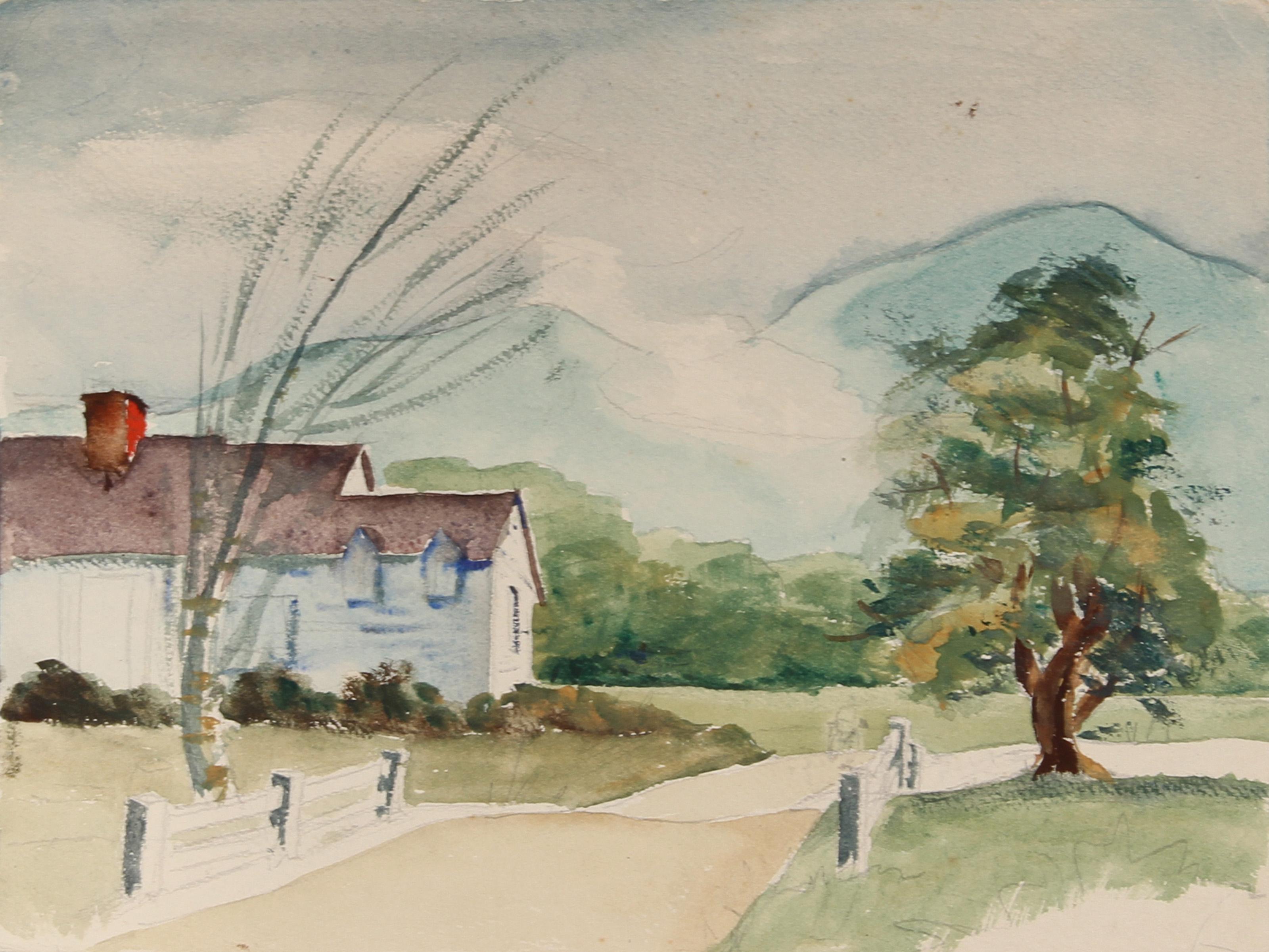  Eve Nethercott, estadounidense (1925 - 2015) -  Casa (46), Año:  hacia 1959, Medio:  Acuarela, Tamaño:  22,86 cm x 30,48 cm, Descripción:  Mirando hacia la casa blanca con ventanas abuhardilladas, la representación de Eve Nethercott de una casa de