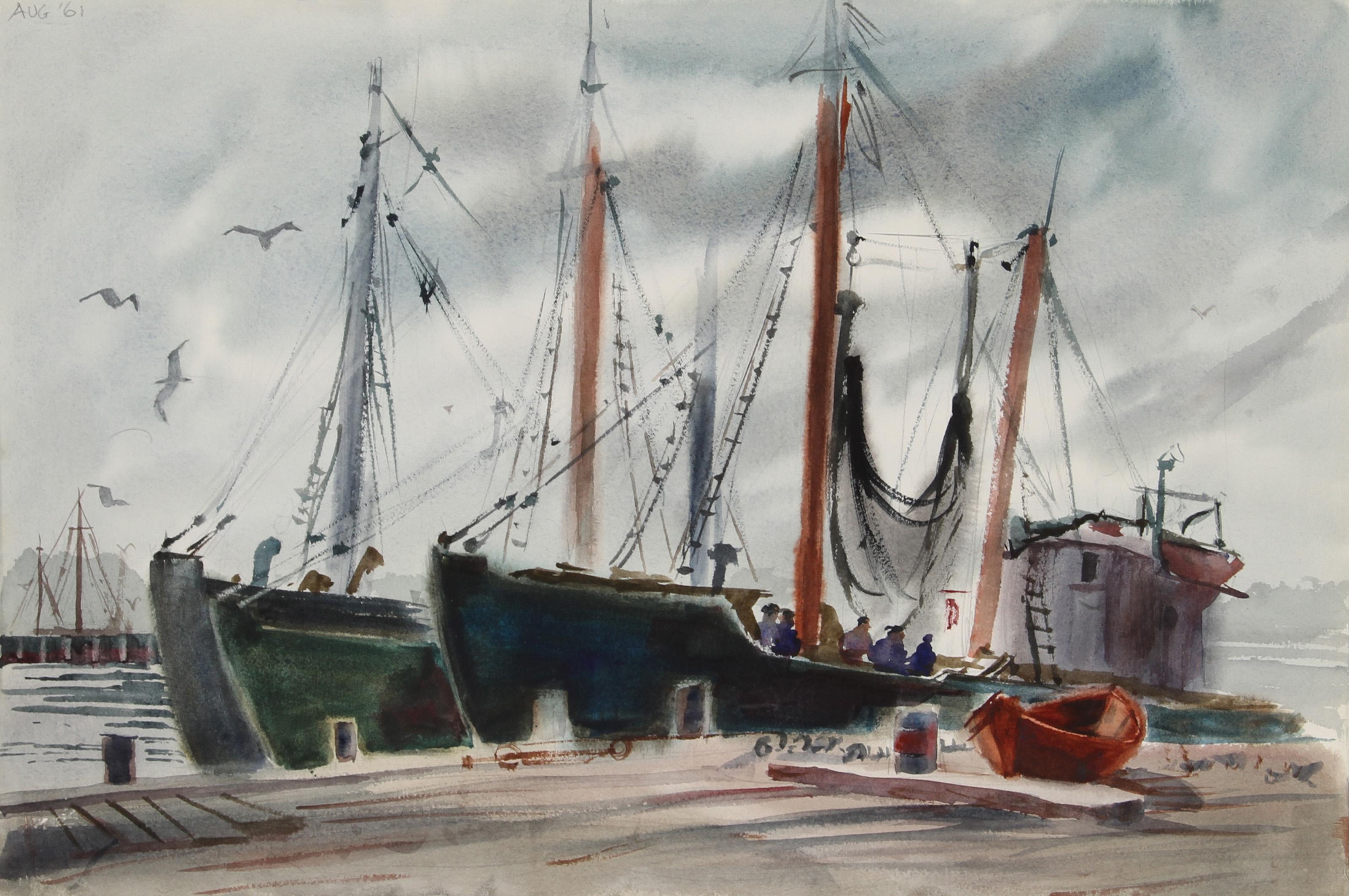  Eve Nethercott, Amerikanerin (1925 - 2015) -  Gloucester (83), Jahr:  1961, Medium:  Aquarell, Größe:  15 in. x 22 in. (38,1 cm x 55,88 cm), Beschreibung:  Die beiden großen Schiffe mit ihren Masten liegen an den Docks und verdunkeln den