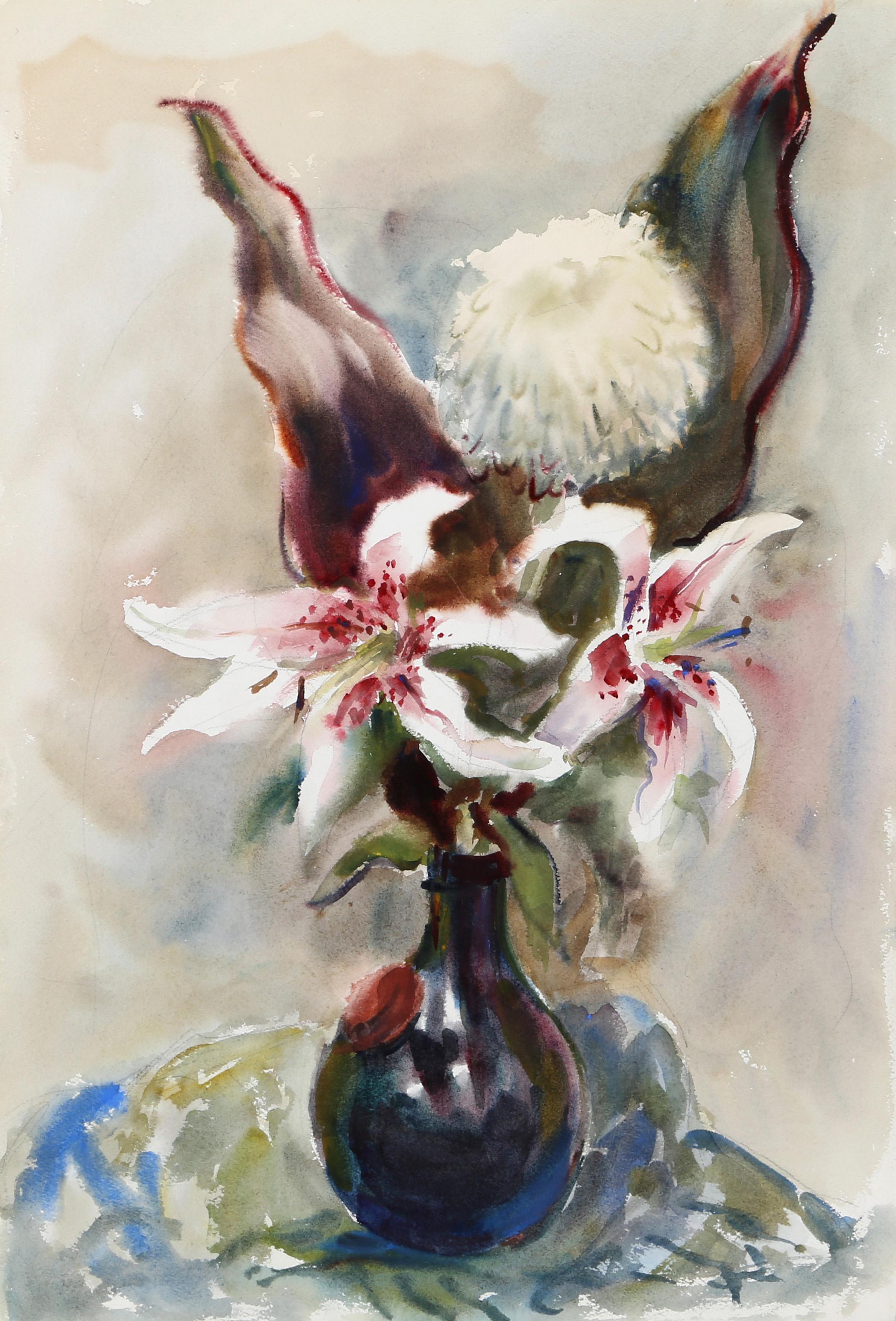  Eve Nethercott, Amerikanerin (1925 - 2015) -  Gefleckte Lilien in Vase (P1.16), Jahr:, Medium:  Aquarell auf Papier, Größe:  22  x 15 in. (55.88  x 38,1 cm), Beschreibung:  Die gefleckten Lilien, die aus der braunen, tropfenförmigen Vase