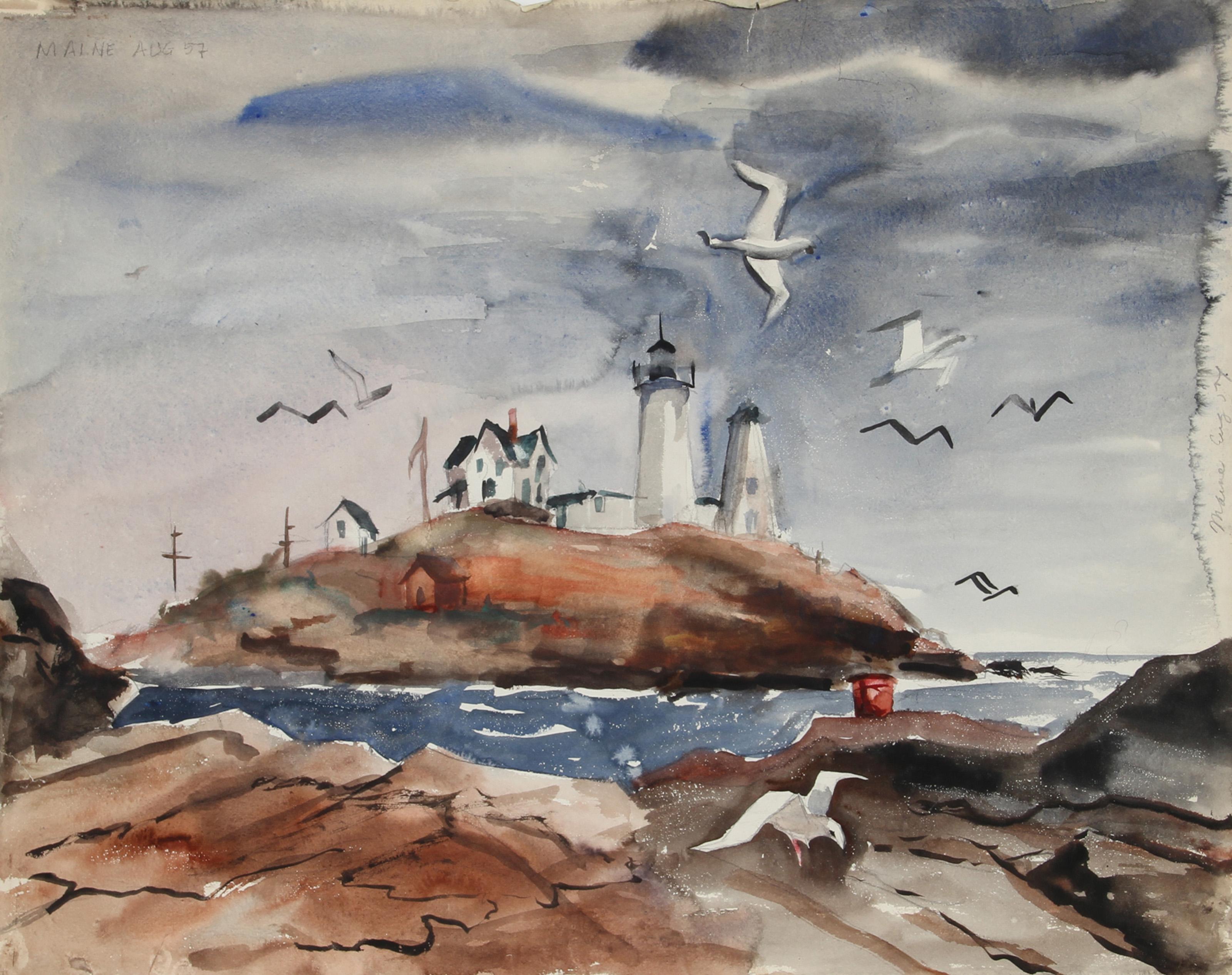  Eve Nethercott, Amerikanerin (1925 - 2015) -  Maine-Leuchtturm (66), Jahr:  1957, Medium:  Aquarell, Größe:  19 in. x 24 in. (48.26 cm x 60.96 cm), Beschreibung:  Eve Nethercott blickt auf einen Schwarm von Möwen, die in der Luft kreisen, und malt