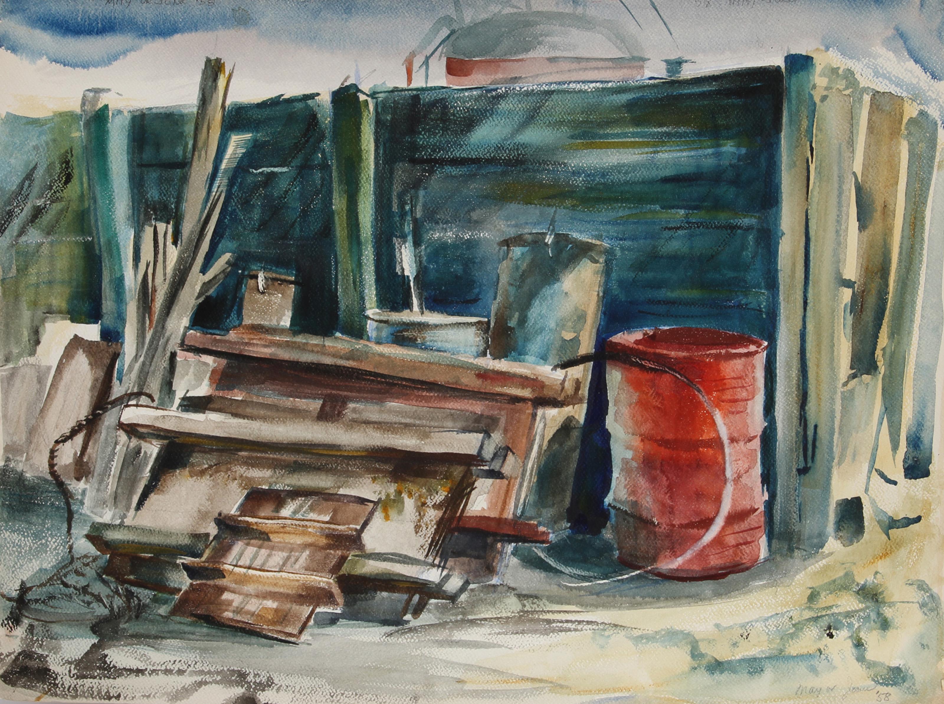  Eve Nethercott, estadounidense (1925 - 2015) -  Montón de chatarra (67), Año:  1958, Medio:  Acuarela, Tamaño:  45,72 cm x 60,96 cm, Descripción:  En tonos verdes y marrones intensos, el montón de materias primas y basura junto a un contenedor