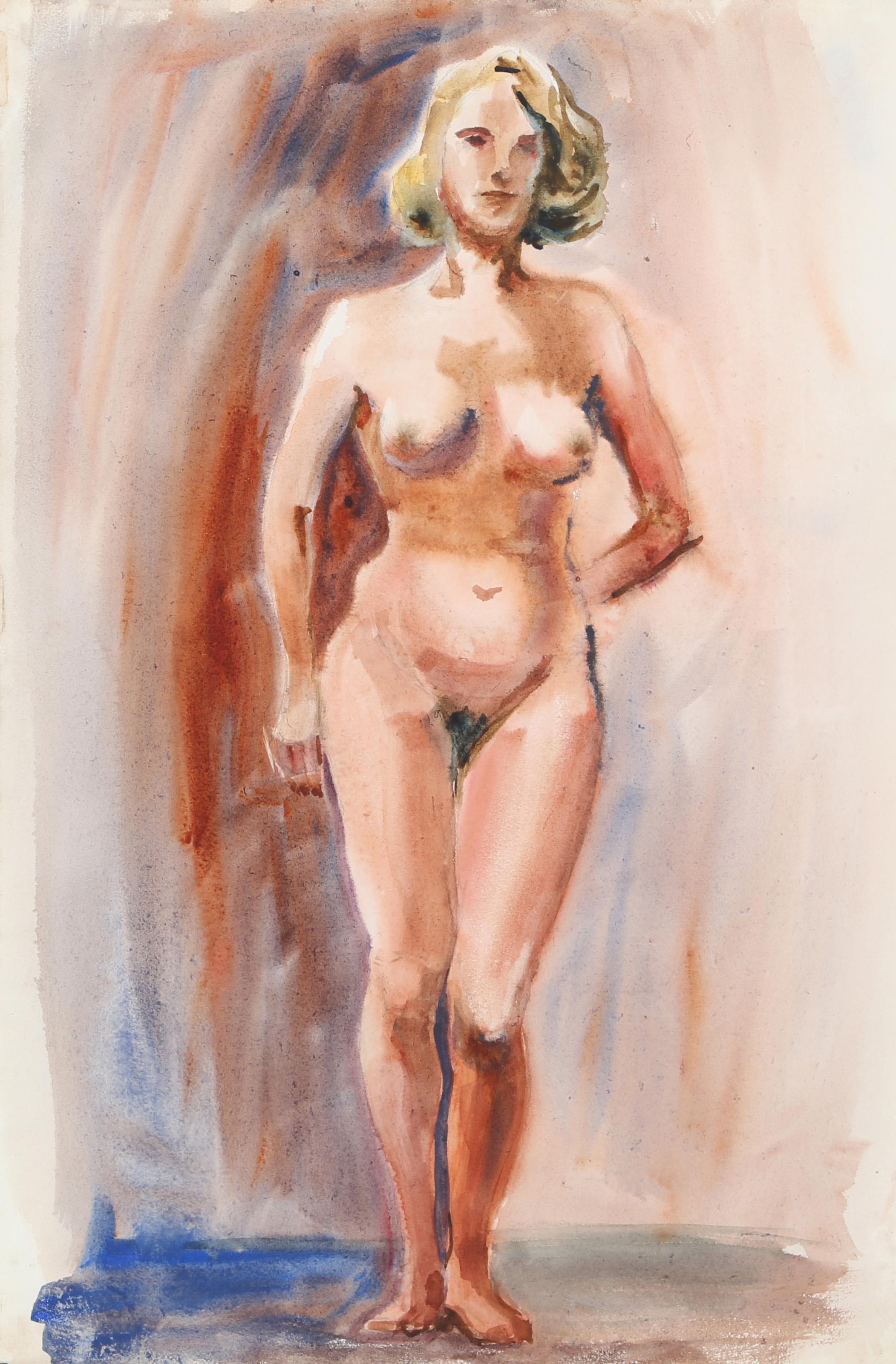  Eve Nethercott, Amerikanerin (1925 - 2015) -  Stehender Akt (P1.18), Jahr:  ca. 1960, Medium:  Aquarell auf Papier, Größe:  22.5  x 15 in. (57.15  x 38,1 cm), Beschreibung:  Vor einer rosafarbenen Wand, in der sich die Farbe ihrer eigenen Figur