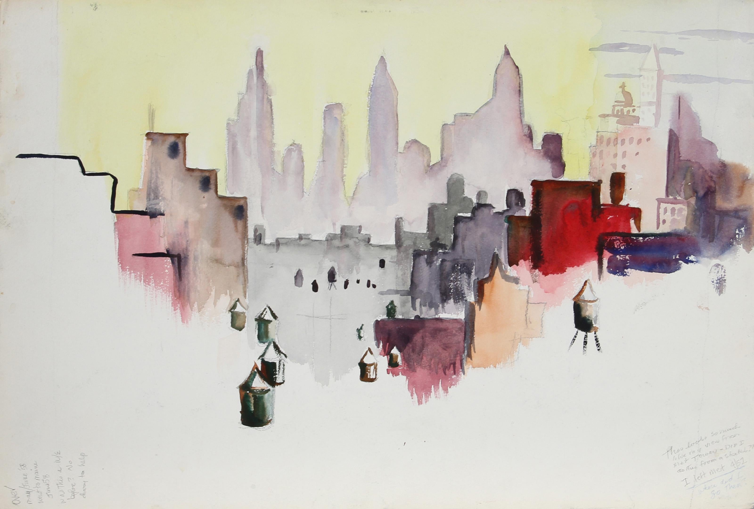 Bridge in Central Park & Manhattan Ansicht von Brooklyn, impressionistisches Aquarell – Art von Eve Nethercott
