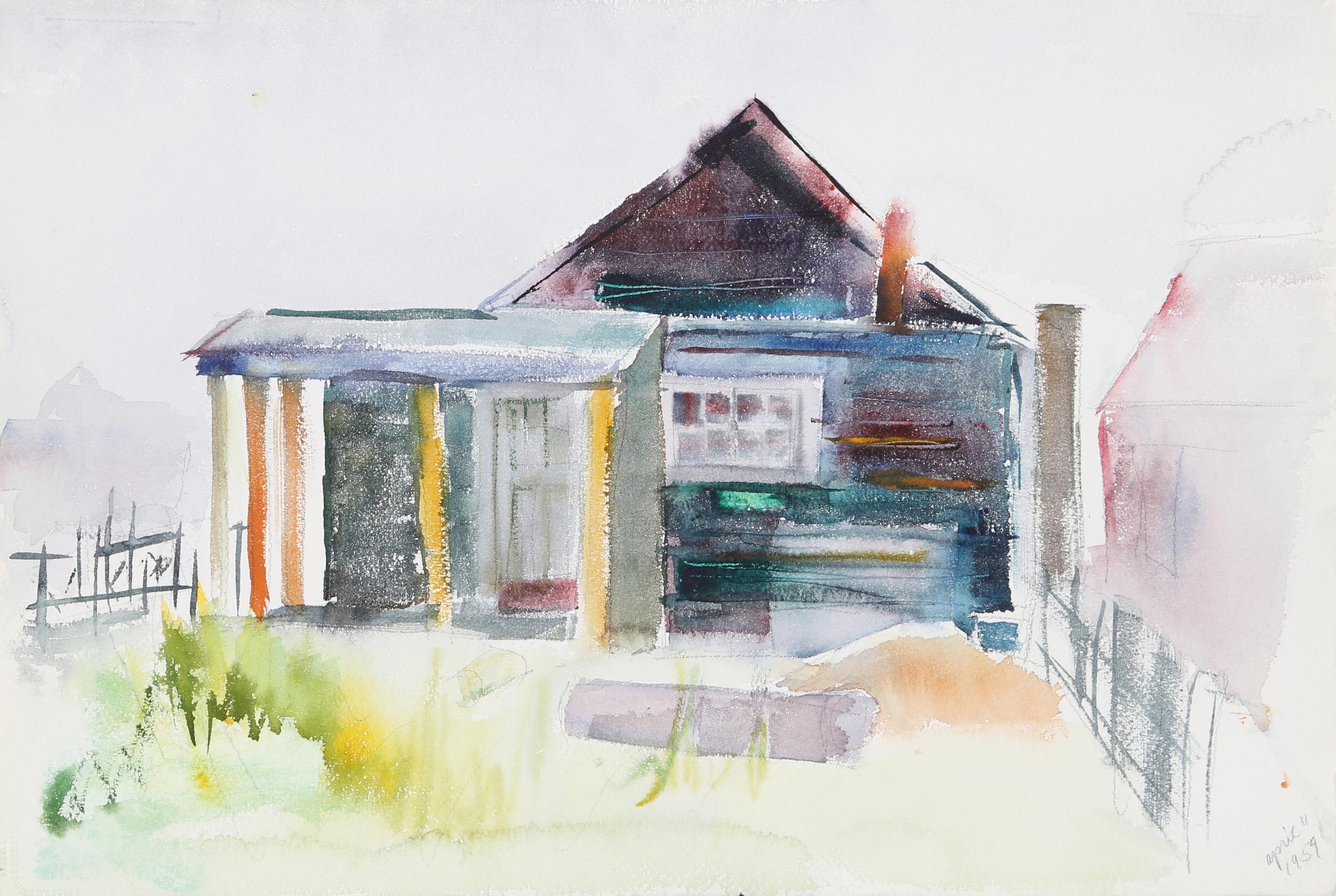  Eve Nethercott, estadounidense (1925 - 2015) -  Casa (P1,20), Año:  1959, Medio:  Acuarela sobre papel, Tamaño:  15  x 22,25 pulg. (38,1  x 56,52 cm), Descripción:  Tema habitual en sus obras, esta casa de una planta de la acuarela de Eve