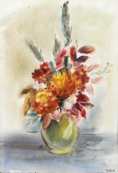 Rote Blumen in Vase, impressionistisches Aquarell von Eve Nethercott