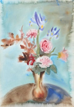 Roses et iris dans un vase, aquarelle impressionniste d'Eve Nethercott