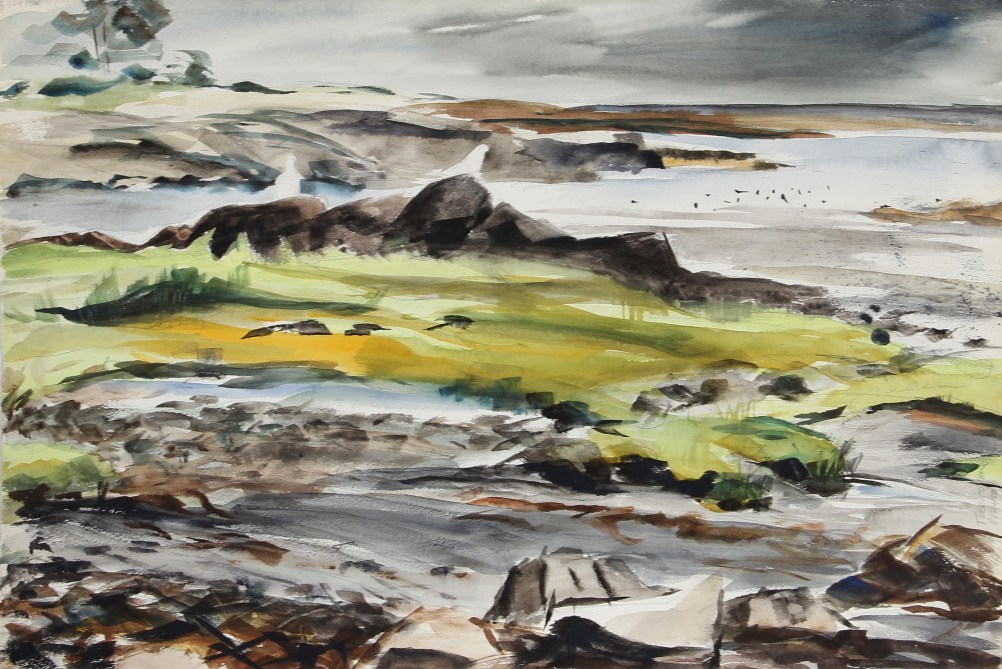  Eve Nethercott, Amerikanerin (1925 - 2015) -  Seaside (76), Jahr:  1958, Medium:  Aquarell, Größe:  15 in. x 22 in. (38,1 cm x 55,88 cm), Beschreibung:  Eve Nethercotts friedliche Darstellung einer sumpfigen Küste irgendwo in Maine ist mit Felsen