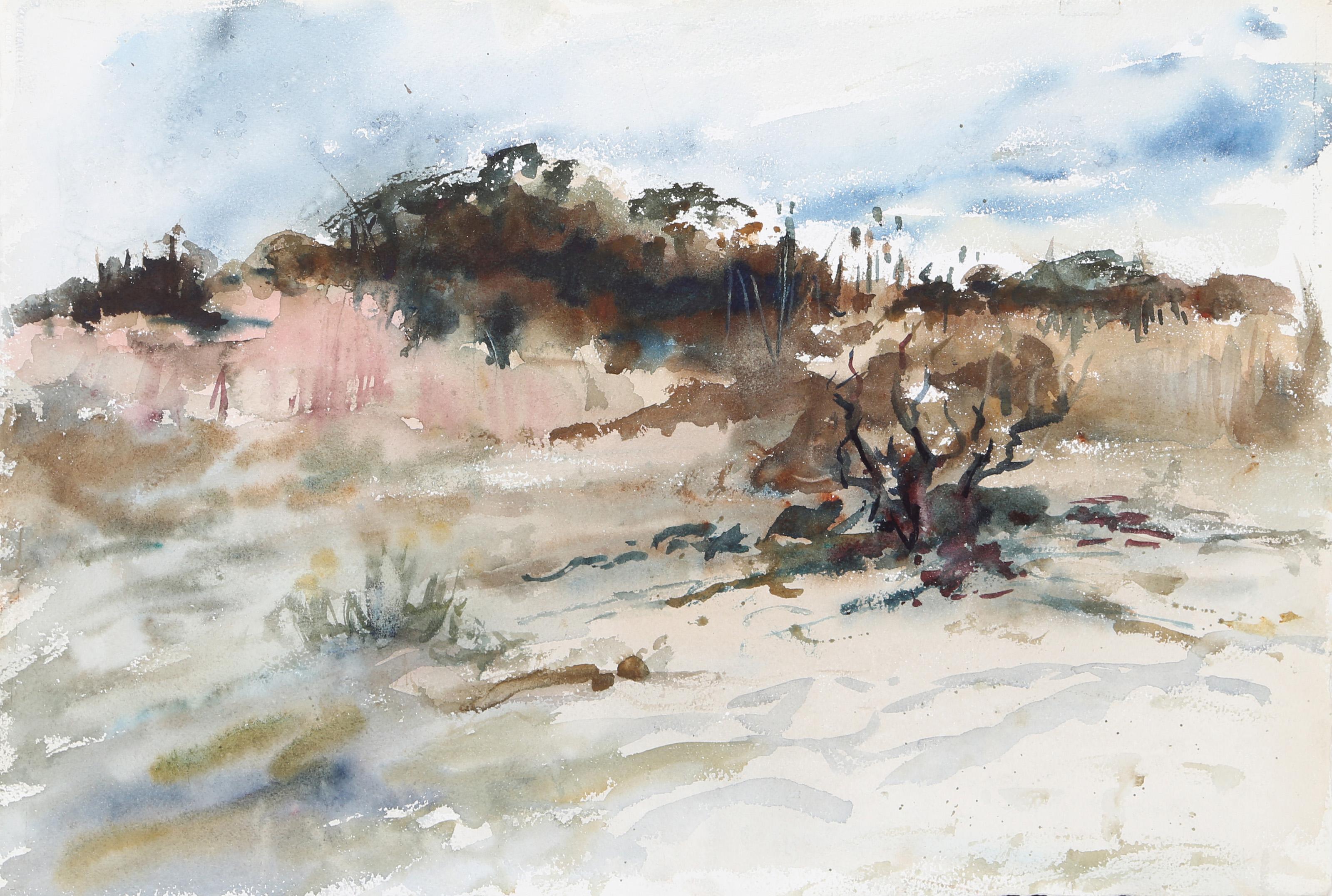  Eve Nethercott, estadounidense (1925 - 2015) -  Paisaje de playa (P1.23), Año:  hacia 1960, Medio:  Acuarela sobre papel, Tamaño:  15  x 22 pulg. (38,1  x 55,88 cm), Descripción:  Emergiendo de las dunas a lo largo del borde de la playa, las