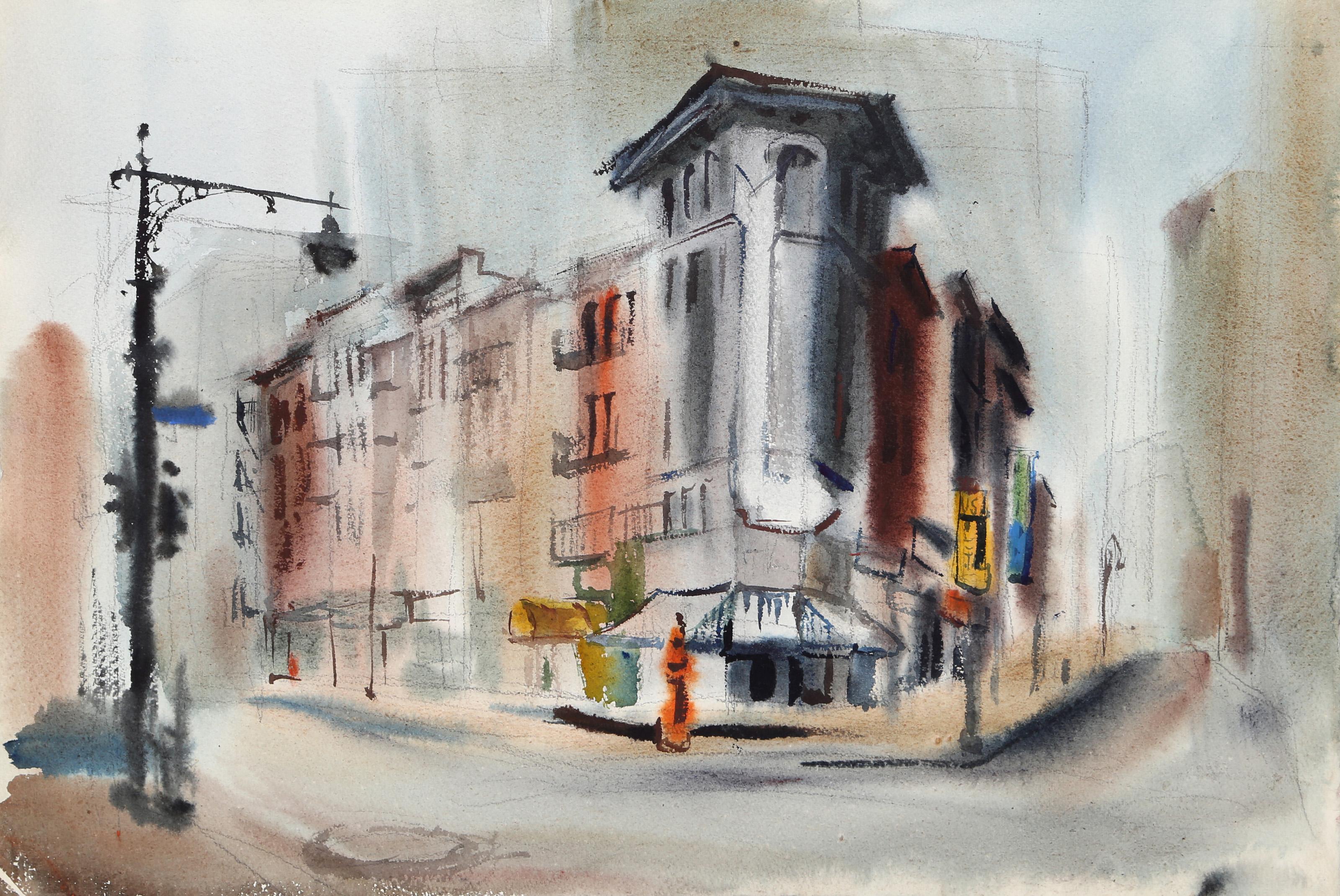  Eve Nethercott, Amerikanerin (1925 - 2015) -  City Street Corner (P1.24), Jahr:  ca. 1960, Medium:  Aquarell auf Papier, Größe:  15  x 22 in. (38.1  x 55,88 cm), Beschreibung:  Beim Blick auf die Häuserreihe an der Straßenecke bleibt Eve