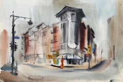 Eck der City Street Eck, impressionistisches Aquarell von Eve Nethercott