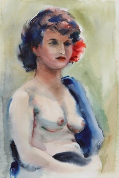 Nudo con fiore tra i capelli, acquerello impressionista di Eve Nethercott