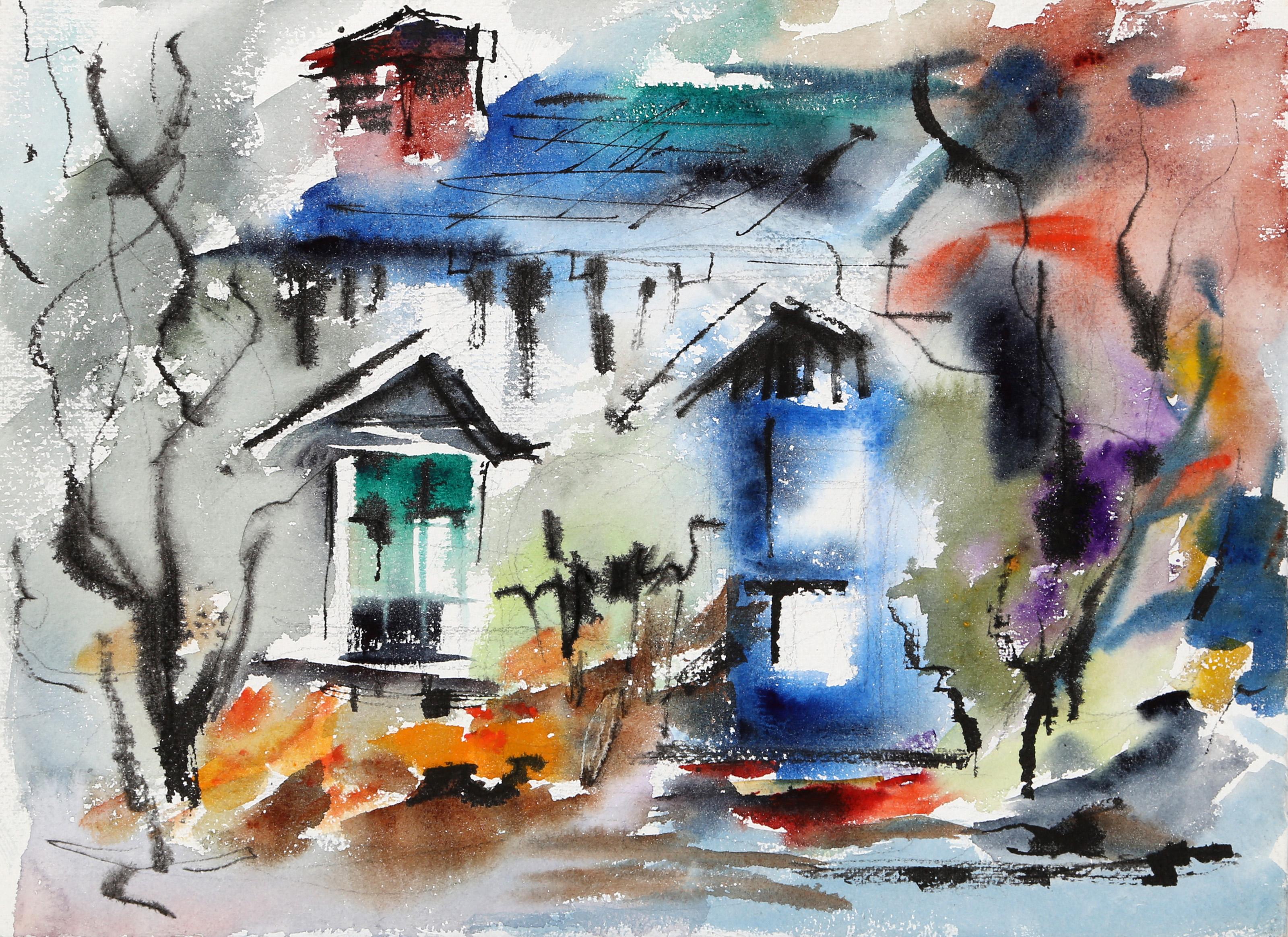 Eve Nethercott, estadounidense (1925 - 2015) -  Casa (P1.2), Año:  hacia 1960, Medio:  Acuarela sobre papel, Tamaño:  11  x 15 in. (27.94  x 38,1 cm), Descripción:  Revestida de brillantes estallidos de azul, verde, rojo y naranja, la casa blanca