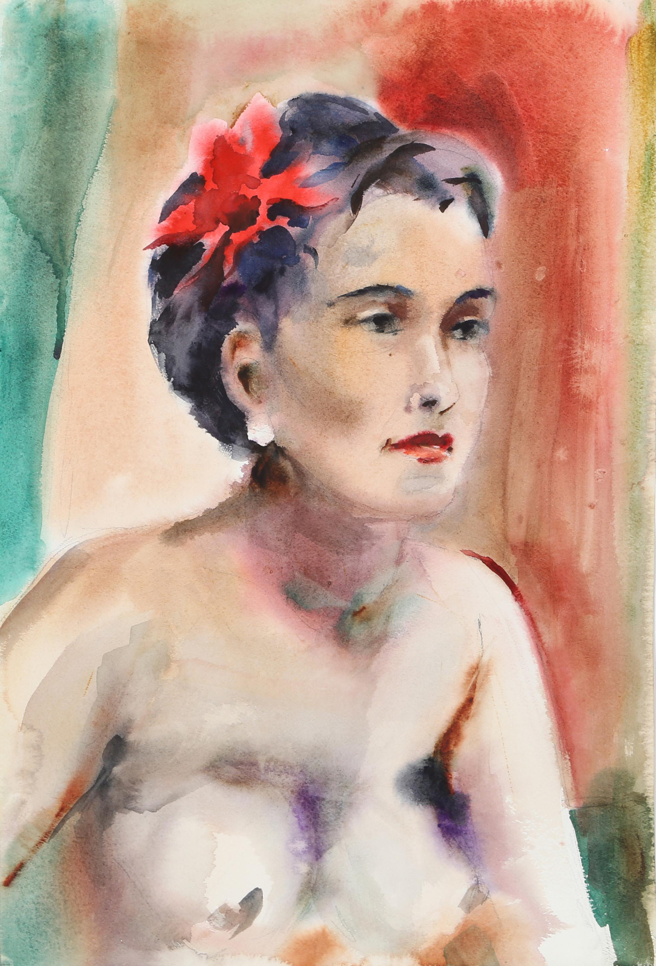  Eve Nethercott, American (1925 - 2015) -  Nude with Flower in Her Hair (P1.26), Year:  circa 1960, Medium:  Watercolor on Paper, Size:  28  x 15 in. (71.12  x 38.1 cm), Description:  Wearing pearl earrings and a red flower in her cropped brunette