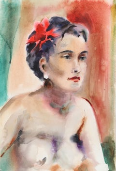 Nu avec une fleur dans les cheveux, aquarelle impressionniste d'Eve Nethercott