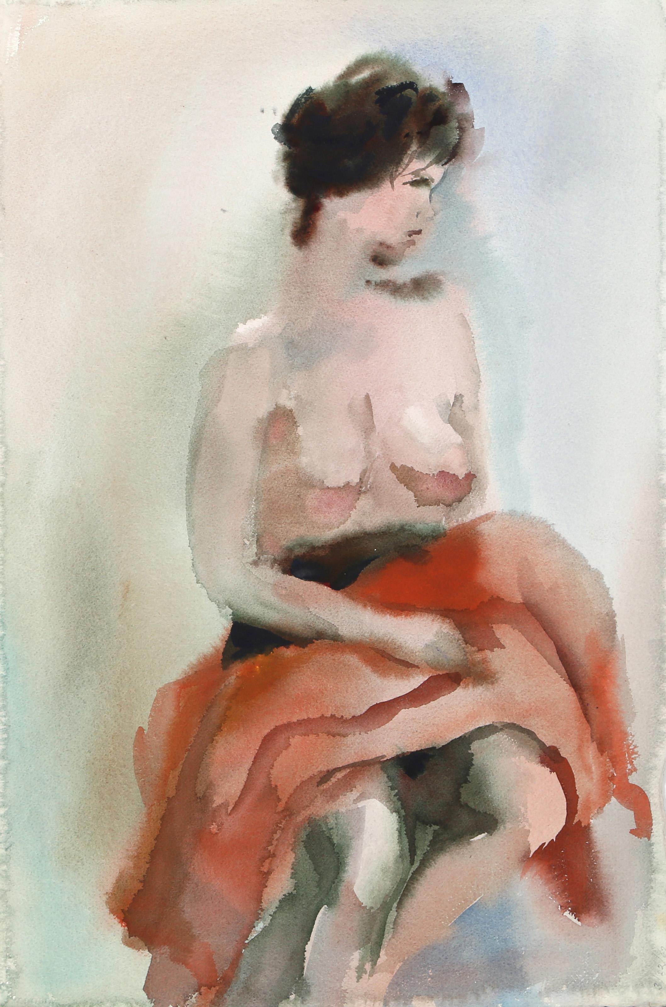  Eve Nethercott, American (1925 - 2015) -  Seated Nude with Red Blanket (P1.3), Year:  circa 1960, Medium:  Watercolor on Paper, Size:  22.5  x 15 in. (57.15  x 38.1 cm), Description:  Rendered with a hazy glow, the woman in this Eve Nethercott